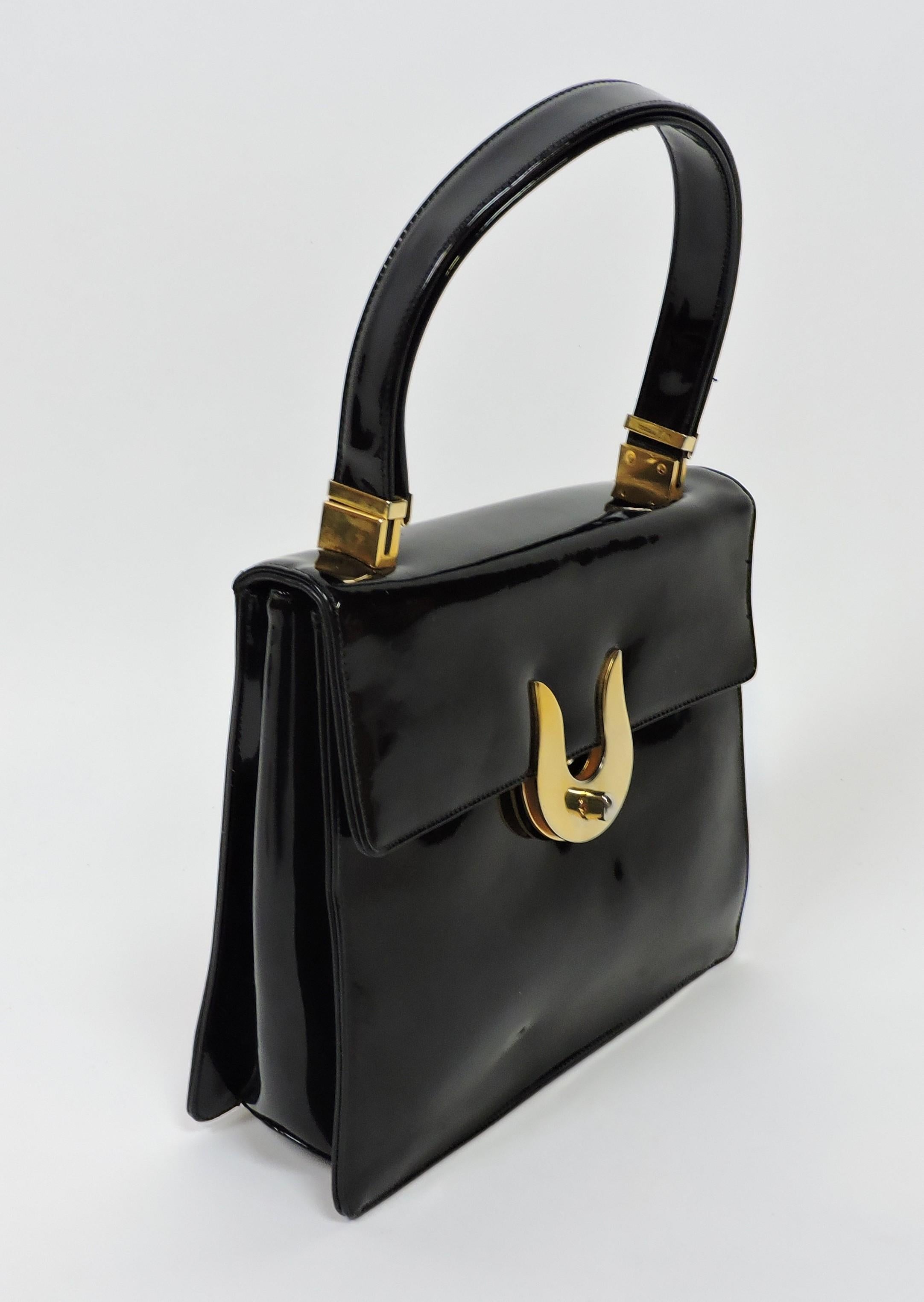 Koret Mid-Century Modern Black Patent Leather and Brass Handbag or Shoulder Bag For Sale 1