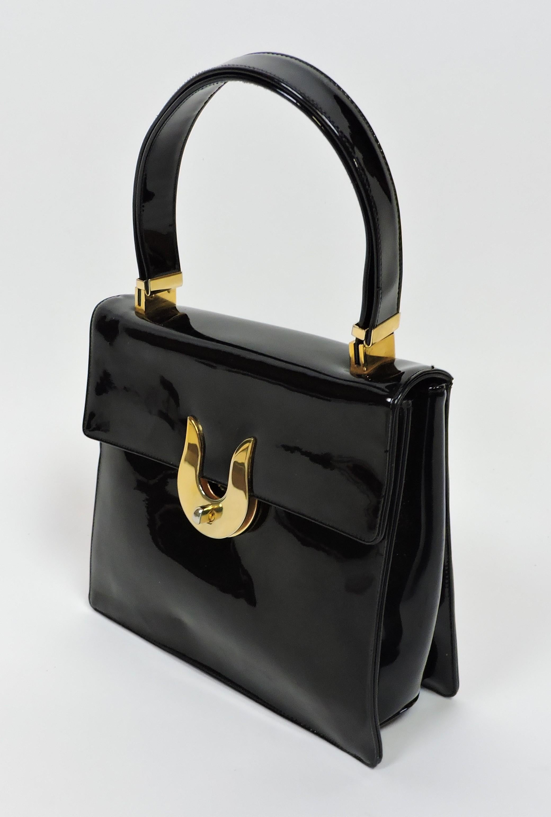 Koret Mid-Century Modern Black Patent Leather and Brass Handbag or Shoulder Bag For Sale 2