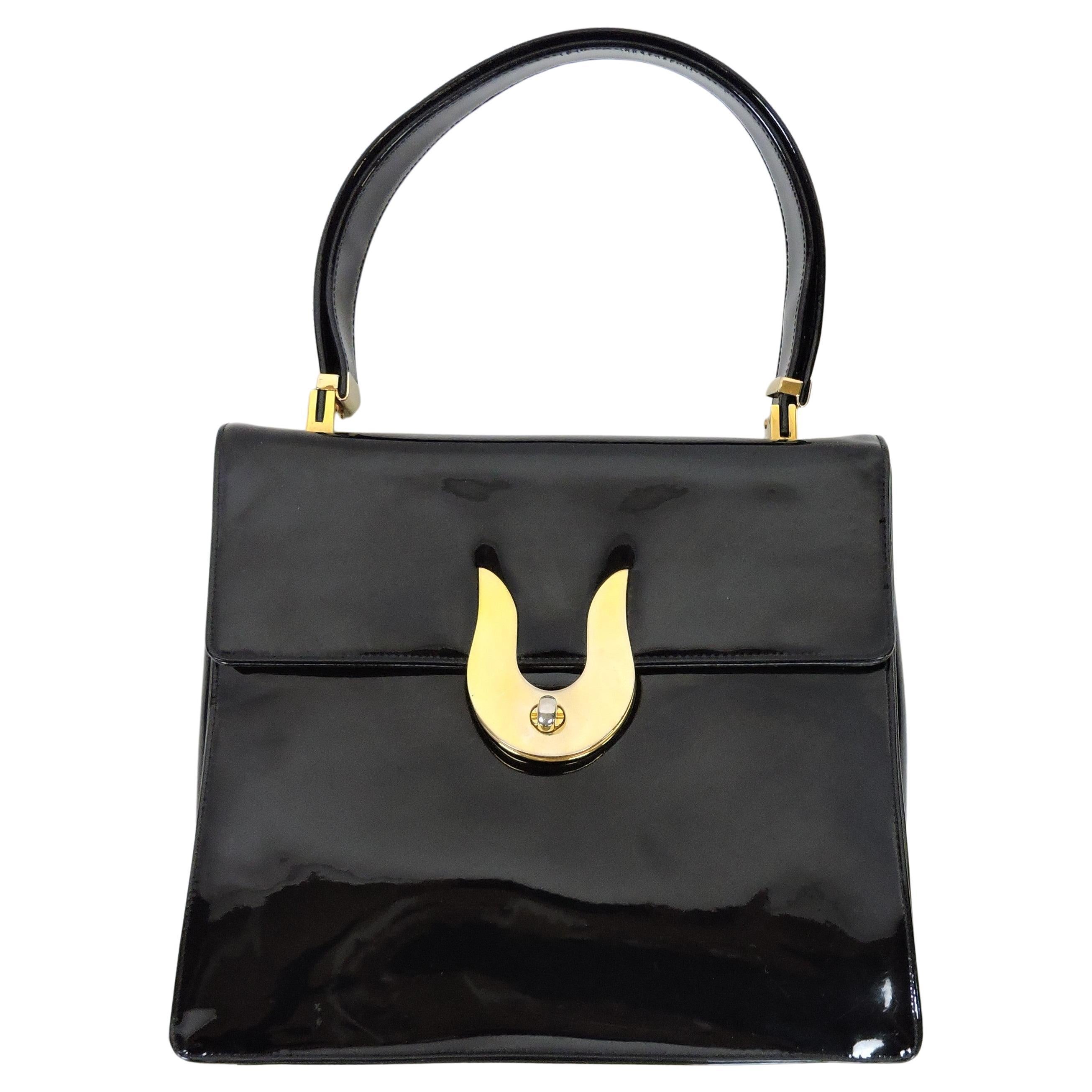 Koret Mid-Century Modern Black Patent Leather and Brass Handbag or Shoulder Bag For Sale