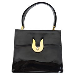 Koret Mid-Century Modern Black Patent Leather and Brass Handbag or Shoulder Bag
