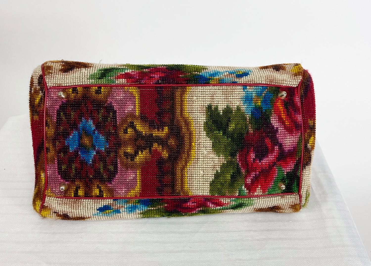 Koret roses frame carpet bag, rare 1960s leather interior handbag. From the Koret 1960s rose carpet luggage collection, originally offered in red or black. This luggage was made in Italy from actual needle point wool carpet. This Victorian style