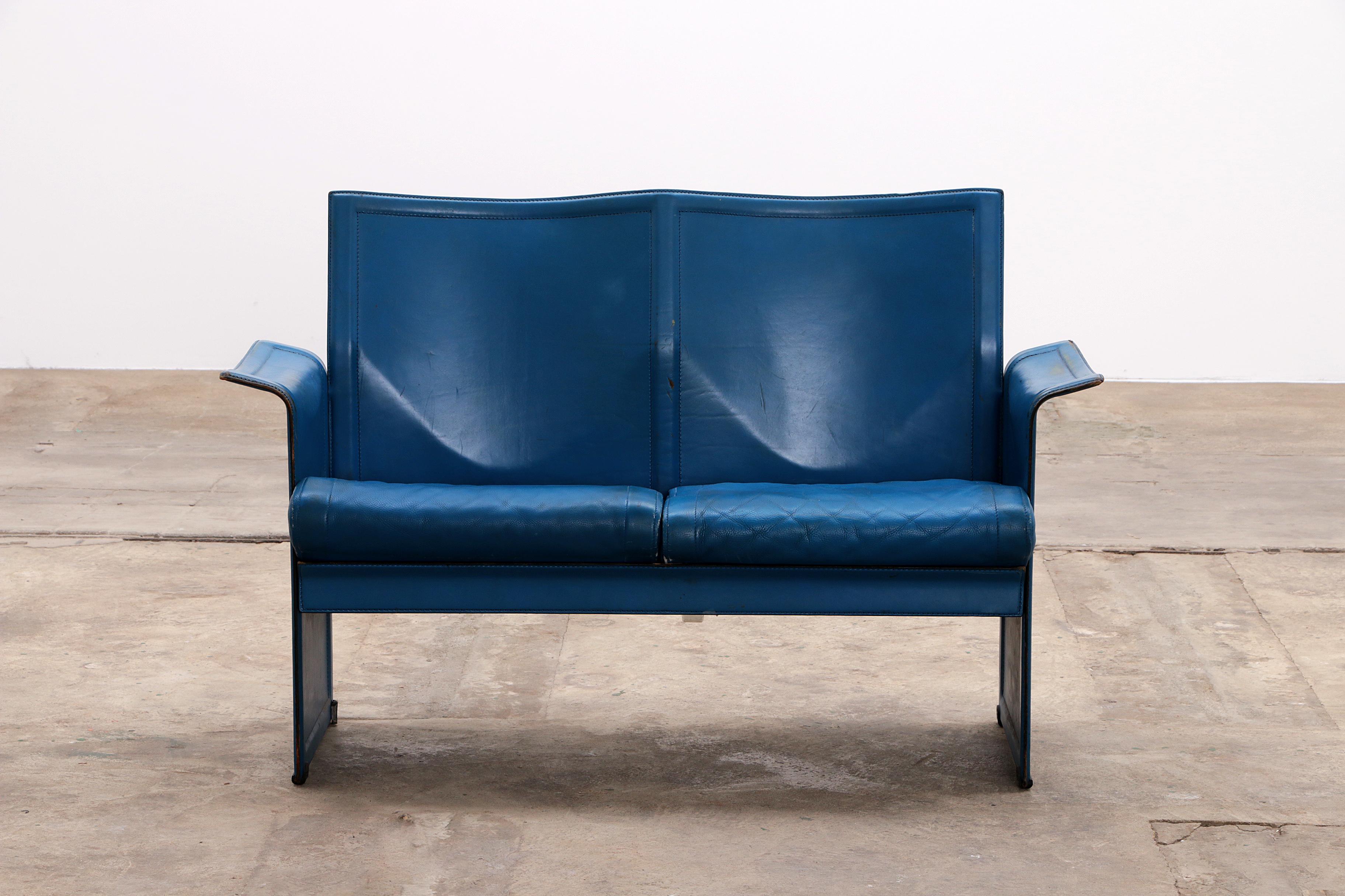 Italian Korium 2-seater sofa blue leather Tito Agnoli for Matteo Grassi, 1970