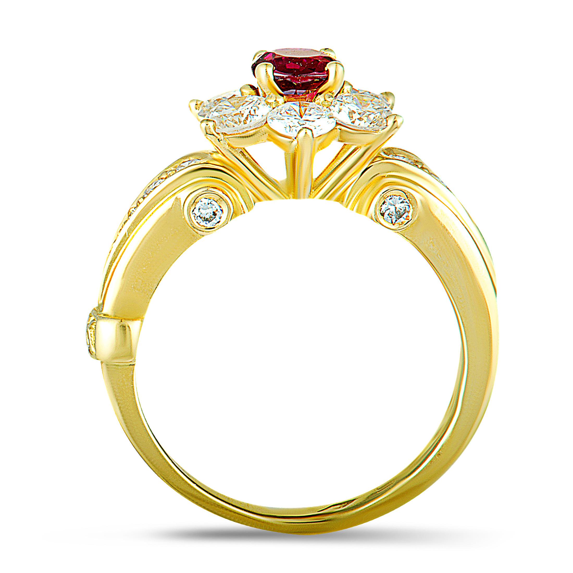 An endearingly classic design is beautifully topped off with magnificent gems in this fascinating ring from Korloff that is expertly crafted from luxurious 18K yellow gold. The ring is set with a stunning ruby that weighs 0.45 carats, and with