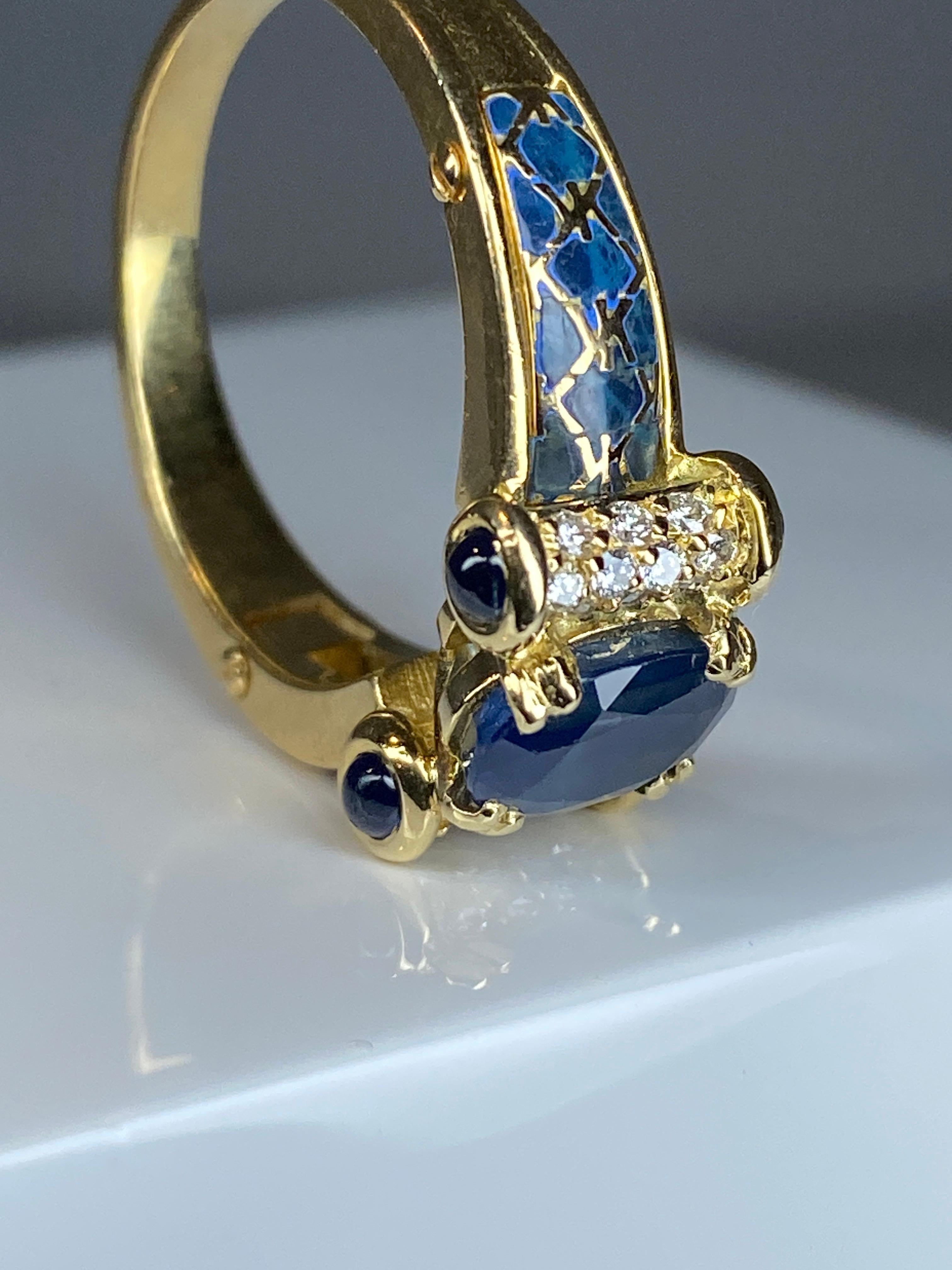 Korloff Ring in 18 Carat Gold: Sapphires, Diamonds, Blue Enamel For Sale 5