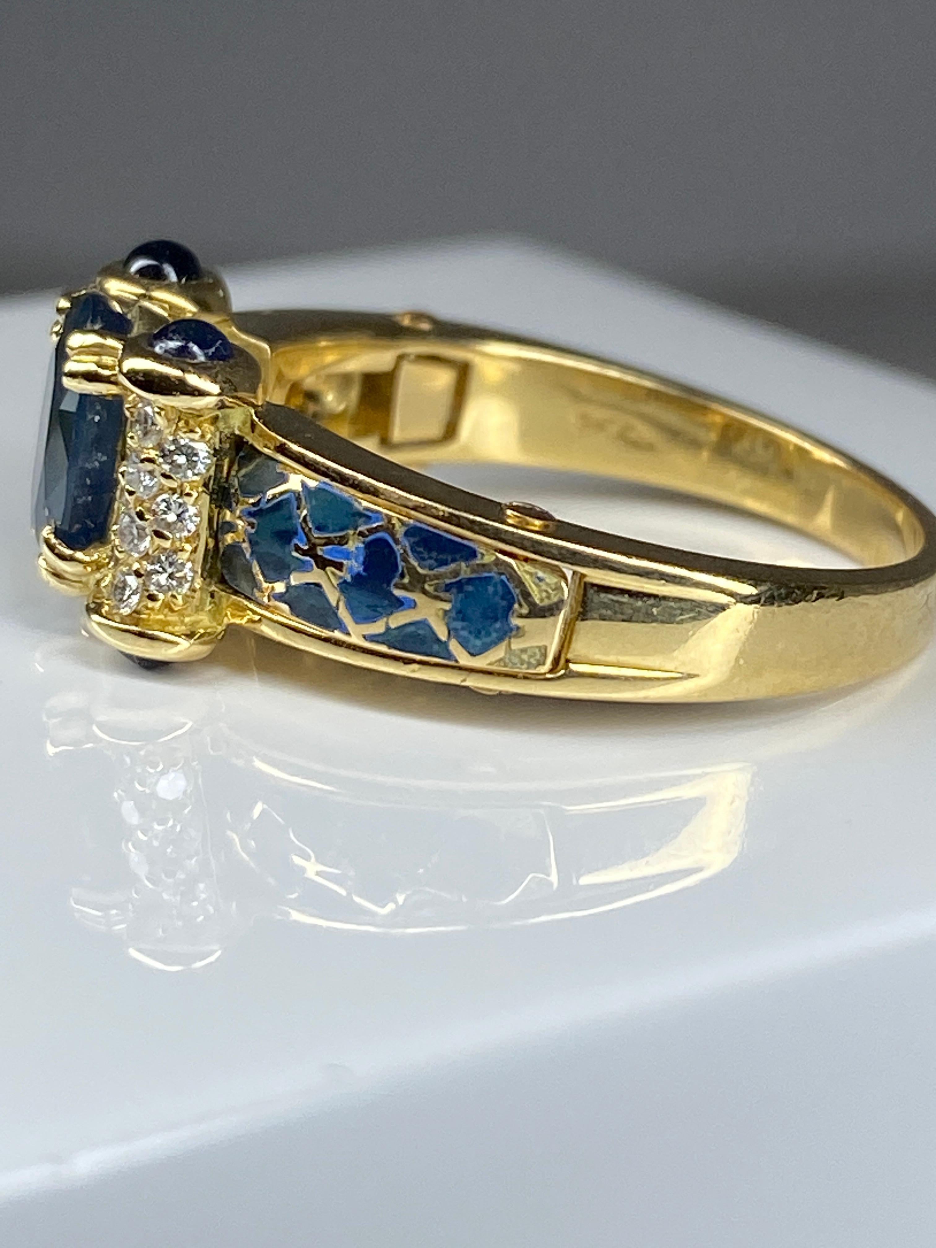 Korloff Ring in 18 Carat Gold: Sapphires, Diamonds, Blue Enamel For Sale 6