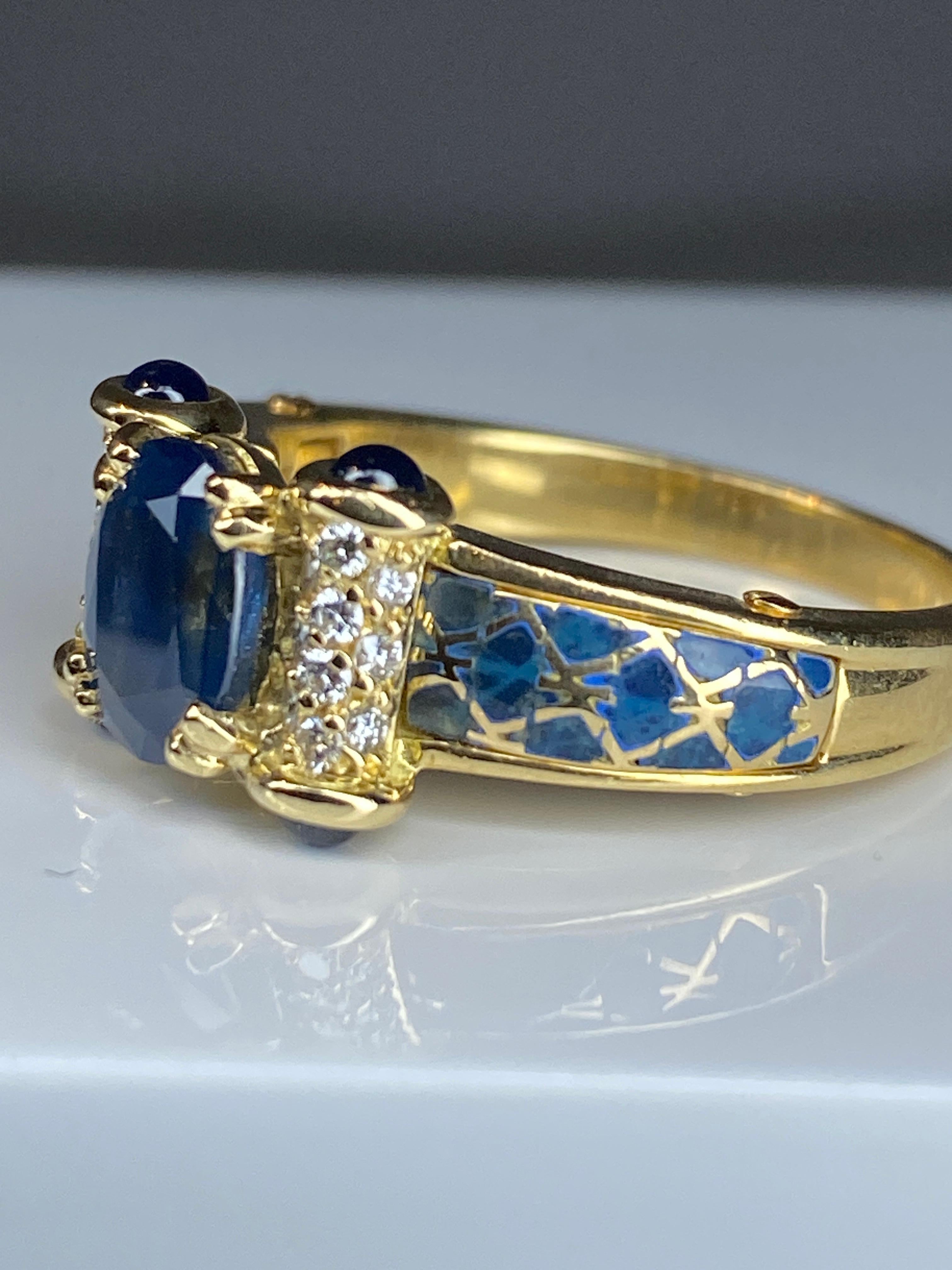 Korloff Ring in 18 Carat Gold: Sapphires, Diamonds, Blue Enamel For Sale 7