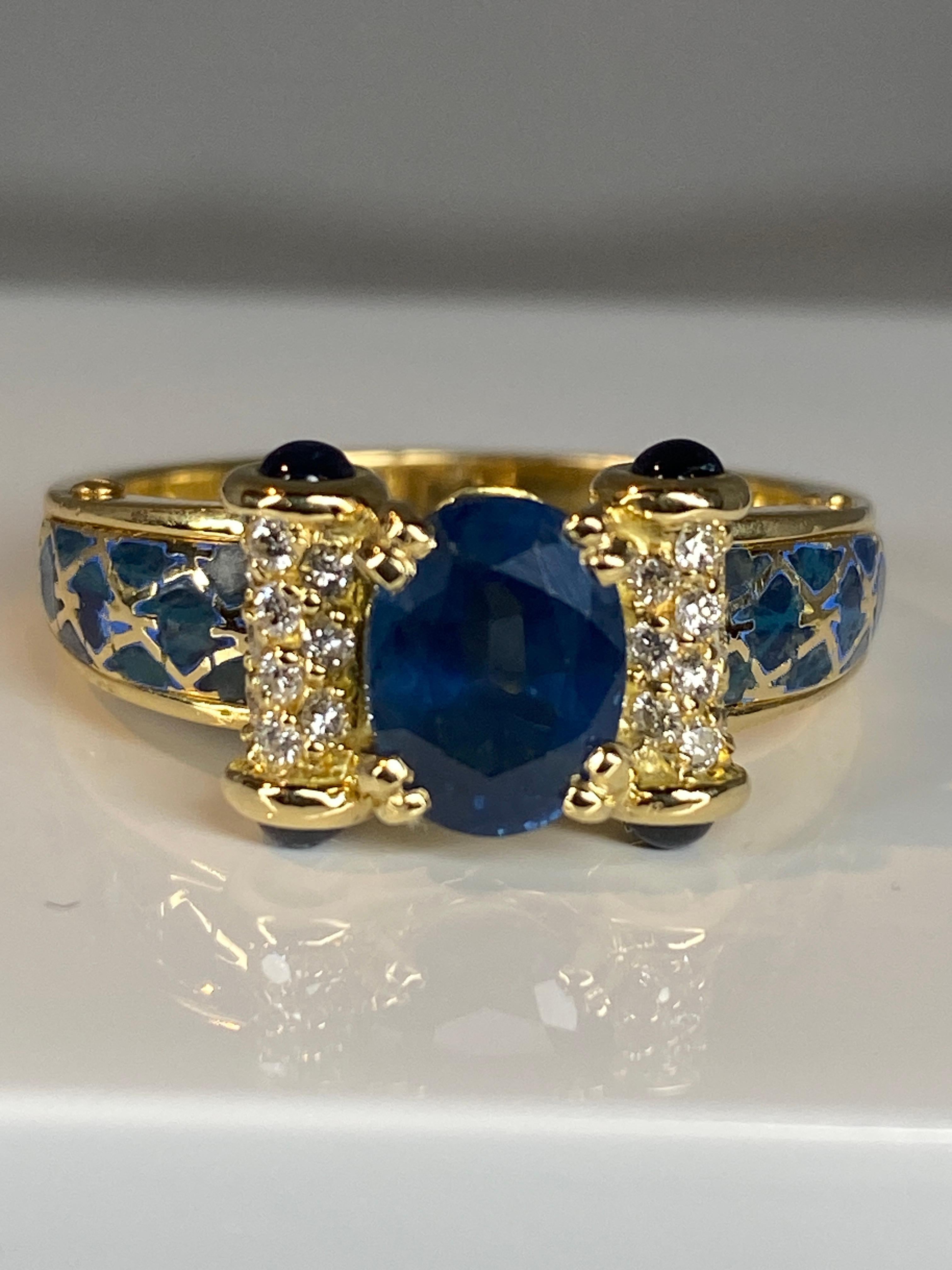 Korloff Ring in 18 Carat Gold: Sapphires, Diamonds, Blue Enamel For Sale 8