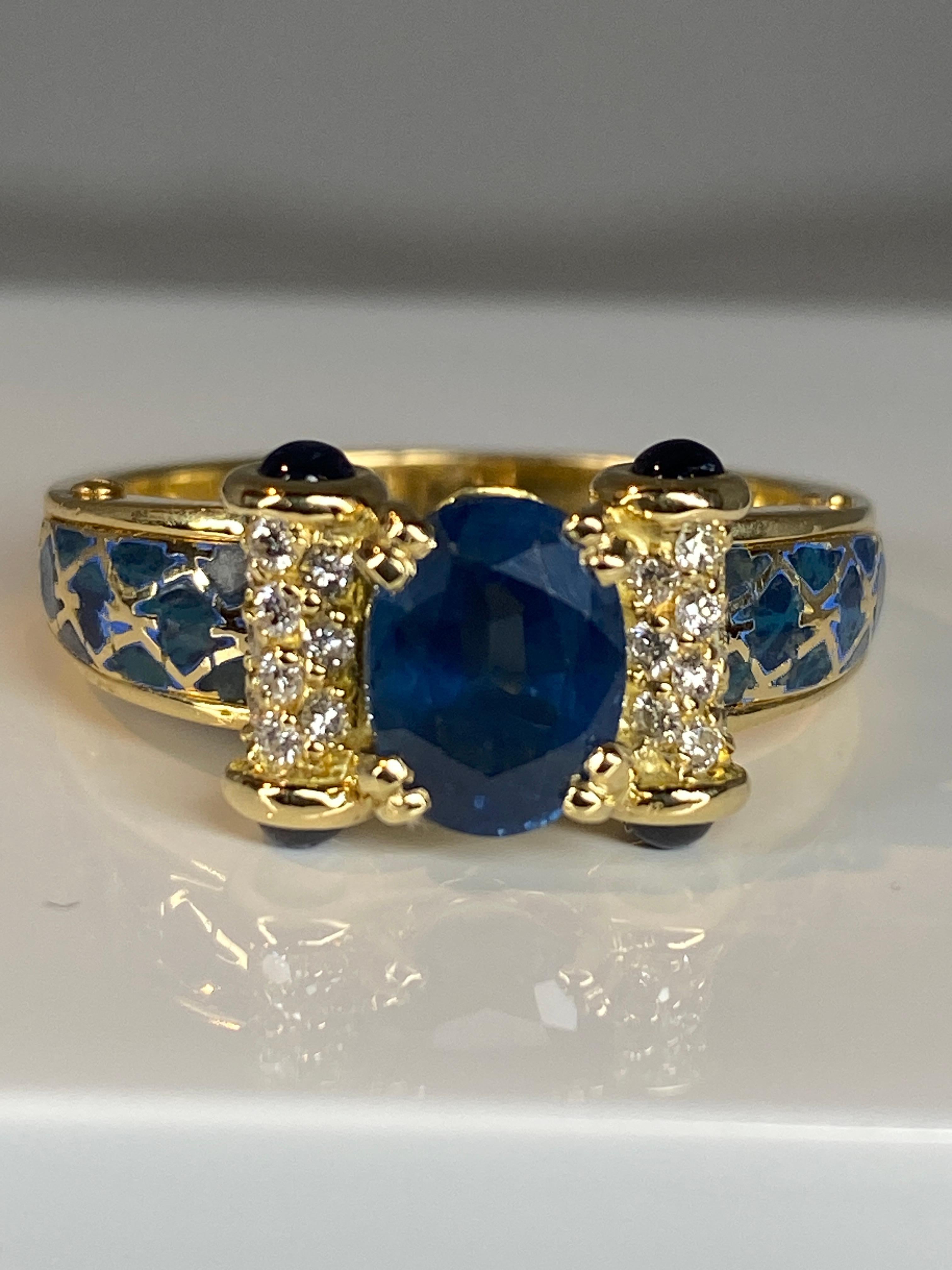 Korloff Ring in 18 Carat Gold: Sapphires, Diamonds, Blue Enamel For Sale 11