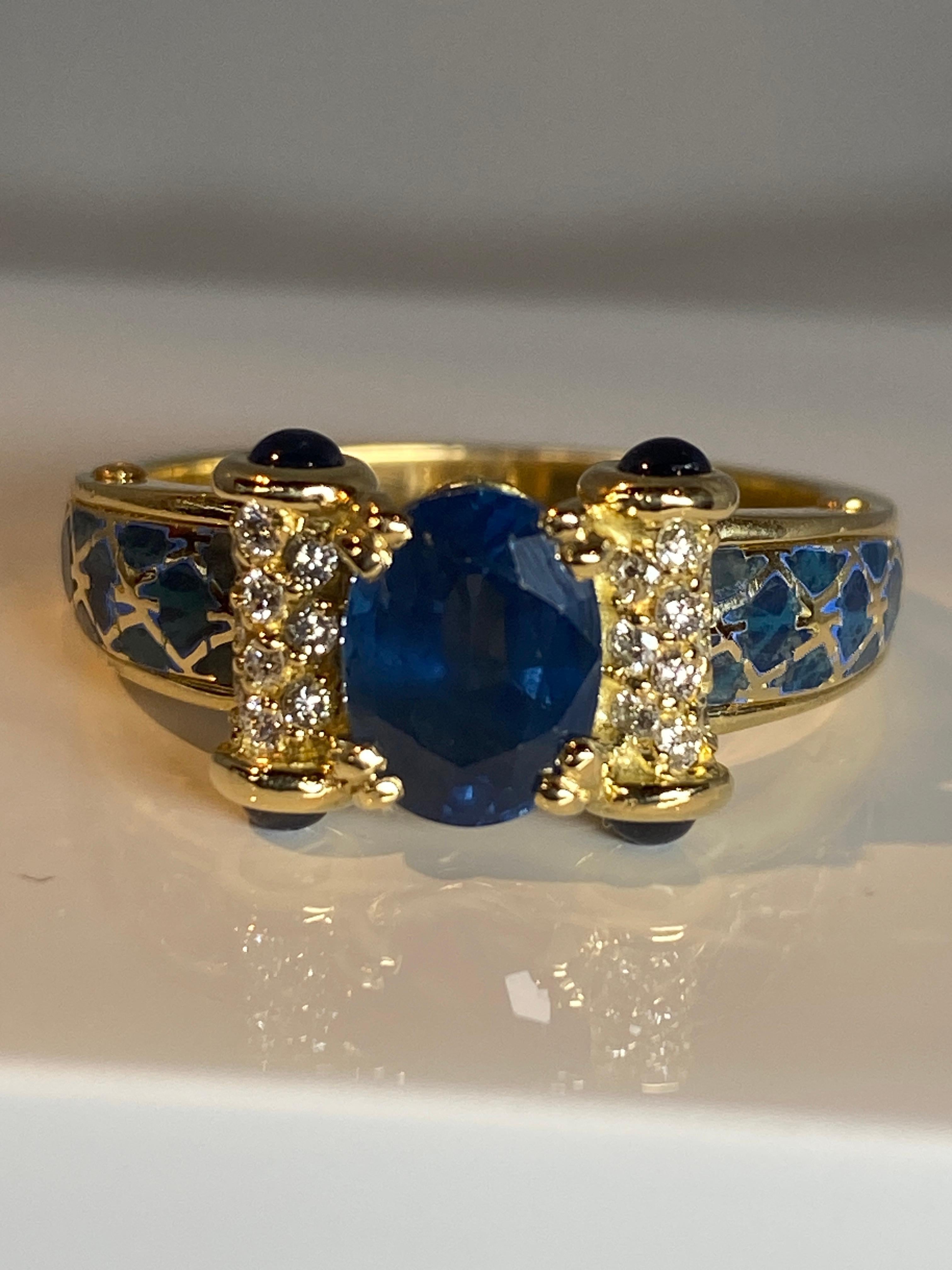 Korloff Ring in 18 Carat Gold: Sapphires, Diamonds, Blue Enamel For Sale 12