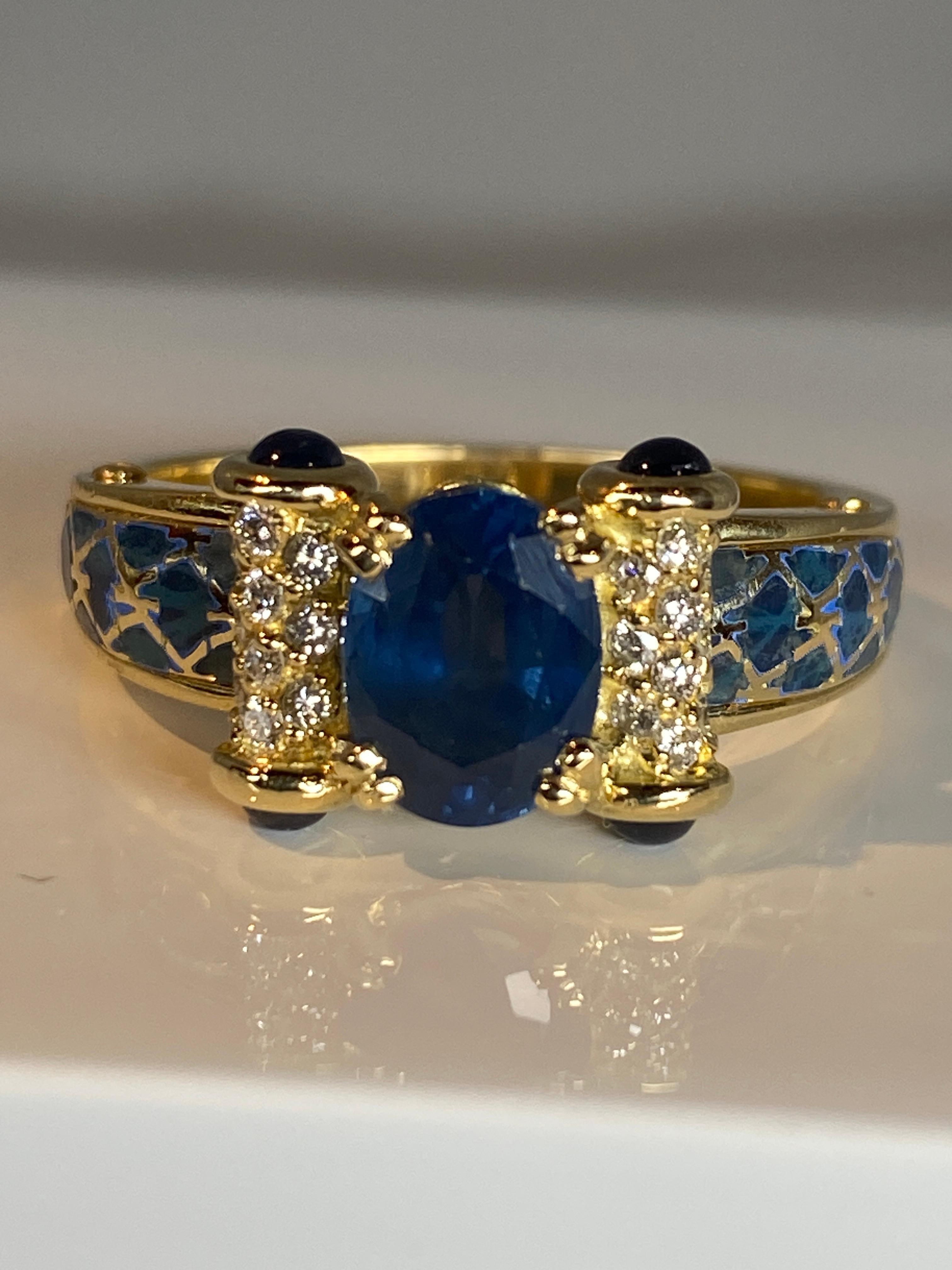 Korloff Ring in 18 Carat Gold: Sapphires, Diamonds, Blue Enamel For Sale 14