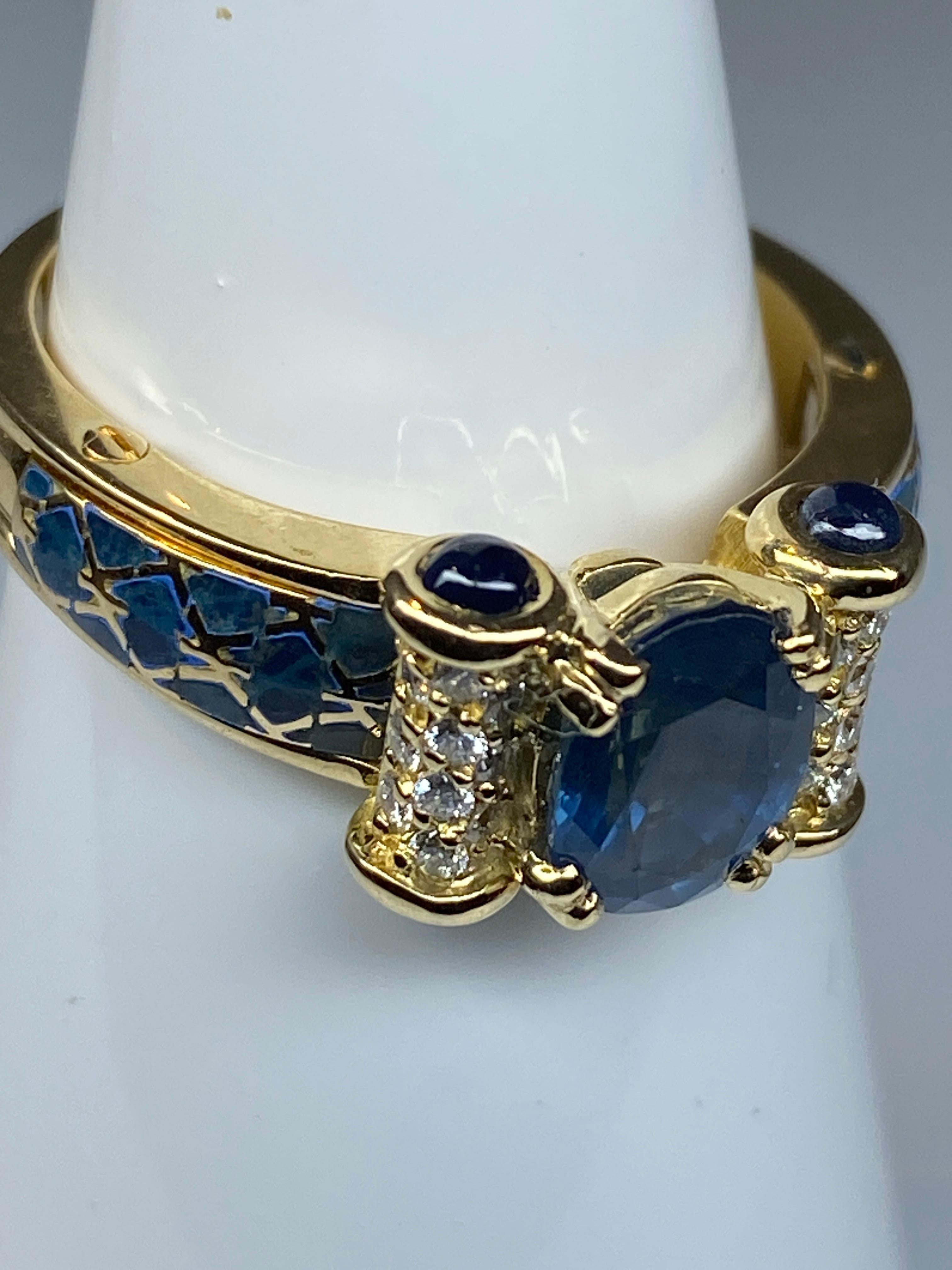 Women's or Men's Korloff Ring in 18 Carat Gold: Sapphires, Diamonds, Blue Enamel For Sale