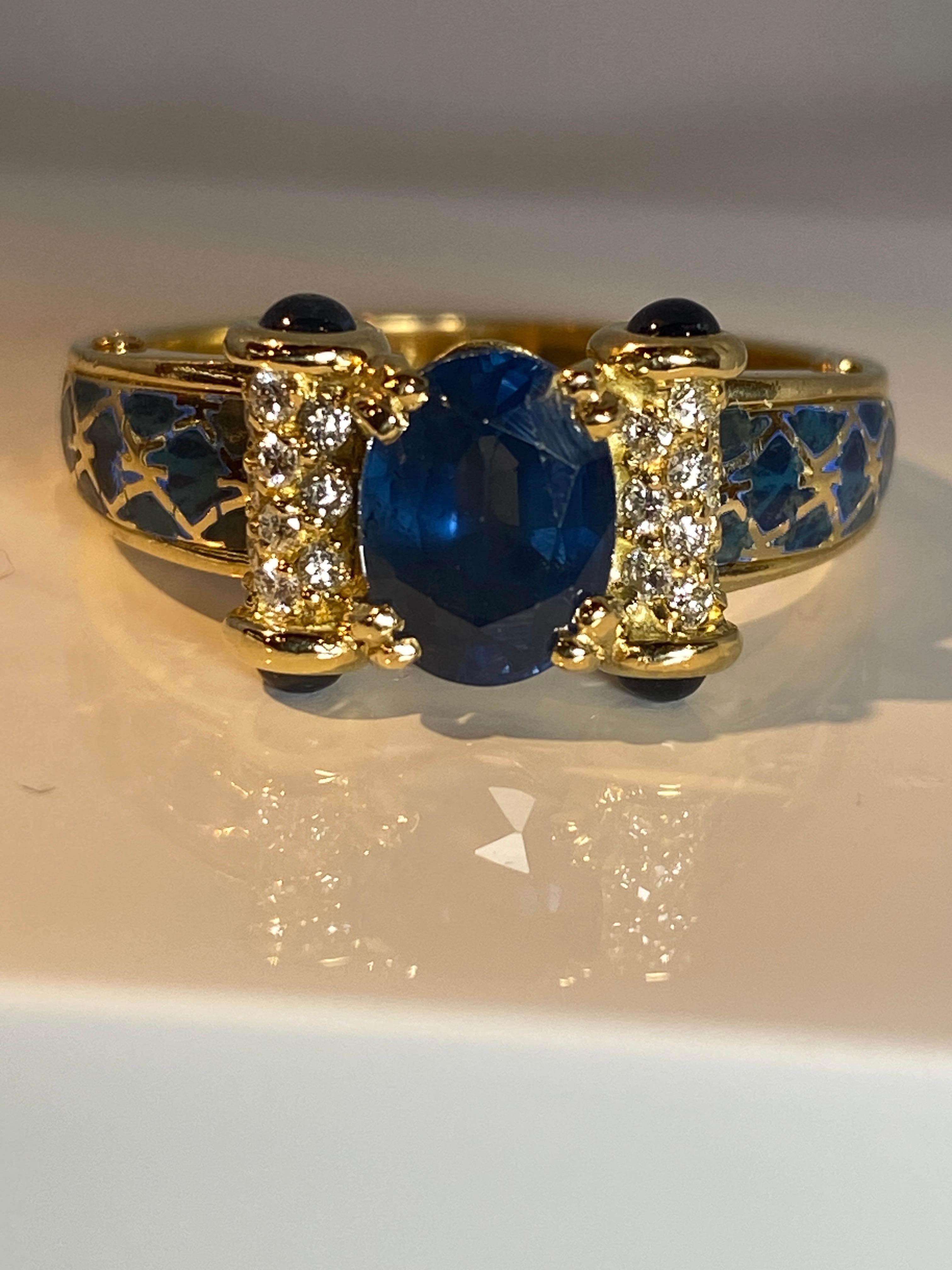 Korloff Ring in 18 Carat Gold: Sapphires, Diamonds, Blue Enamel For Sale 1