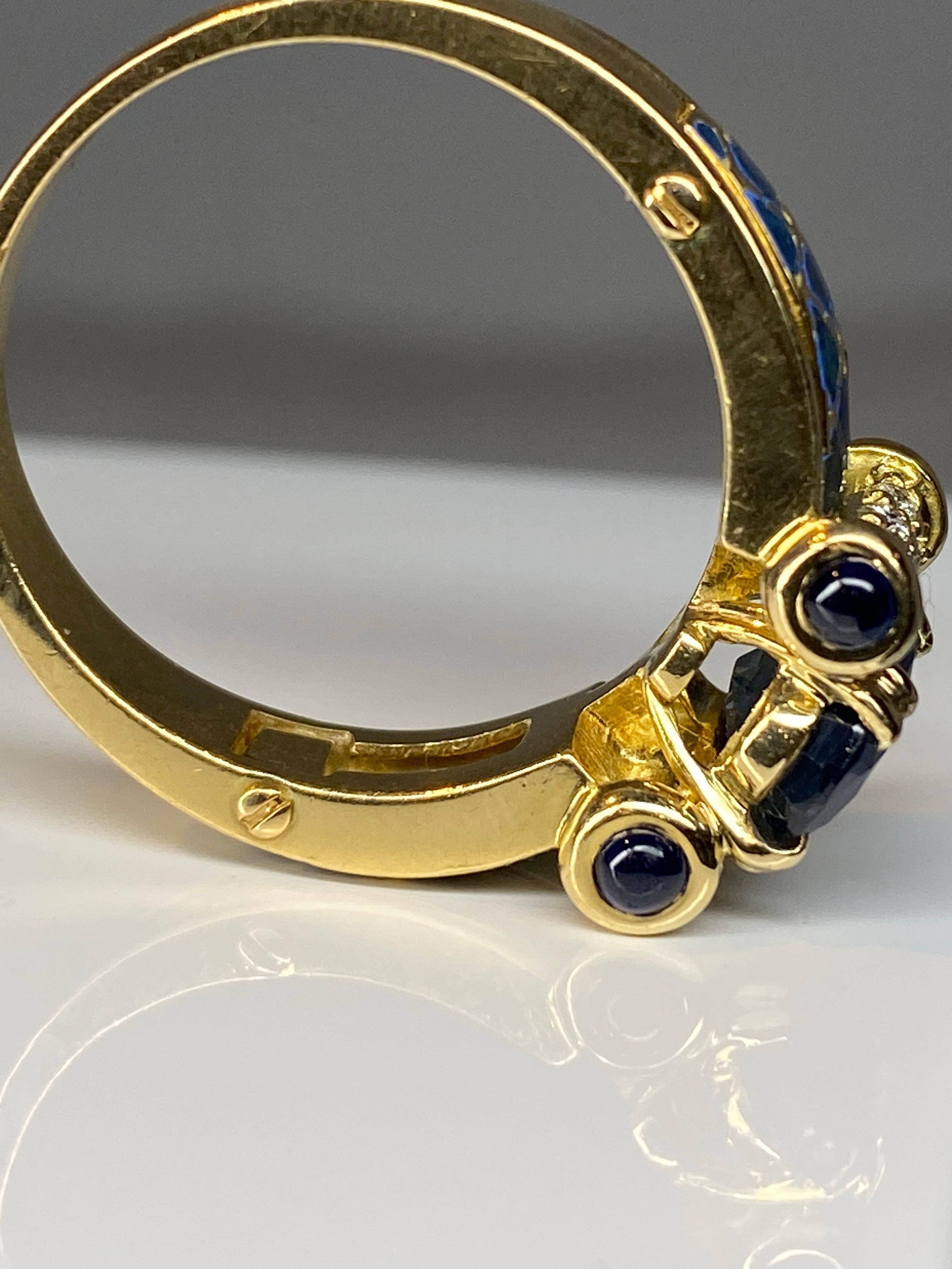Korloff Ring in 18 Carat Gold: Sapphires, Diamonds, Blue Enamel For Sale 2