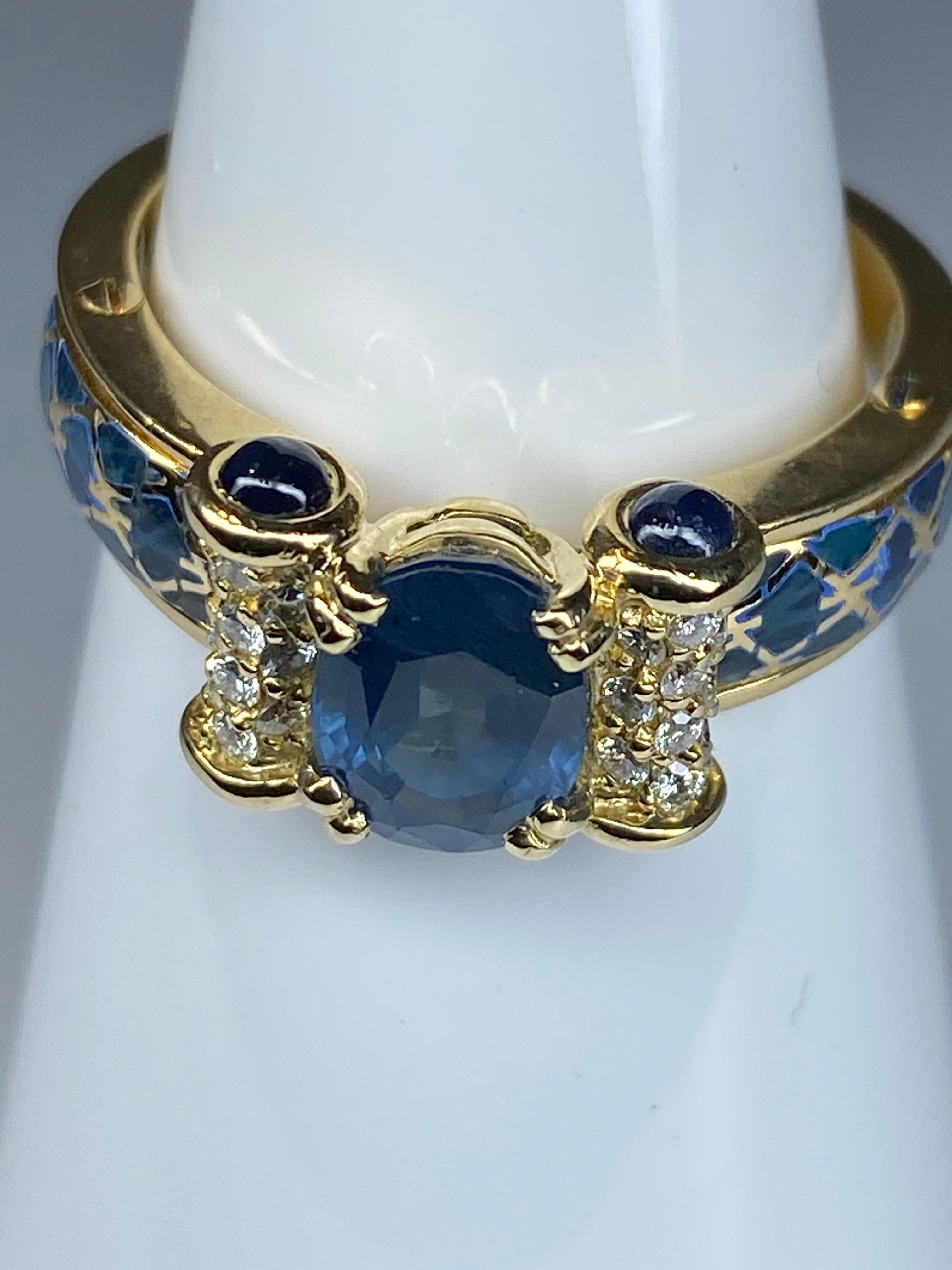 Women's or Men's Korloff Ring in 18 Carat Gold: Sapphires, Diamonds, Blue Enamel For Sale