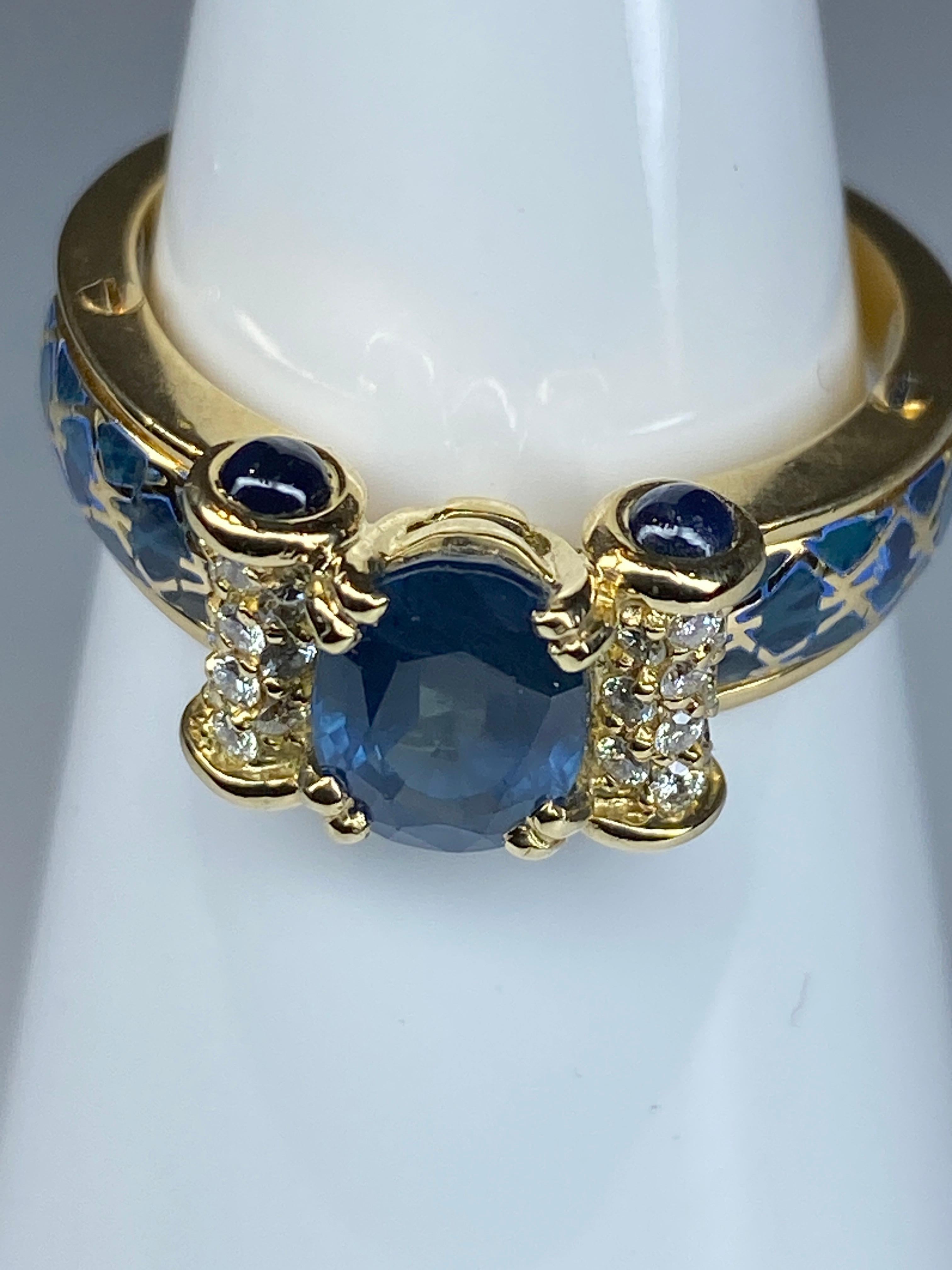 Korloff Ring in 18 Carat Gold: Sapphires, Diamonds, Blue Enamel For Sale 3