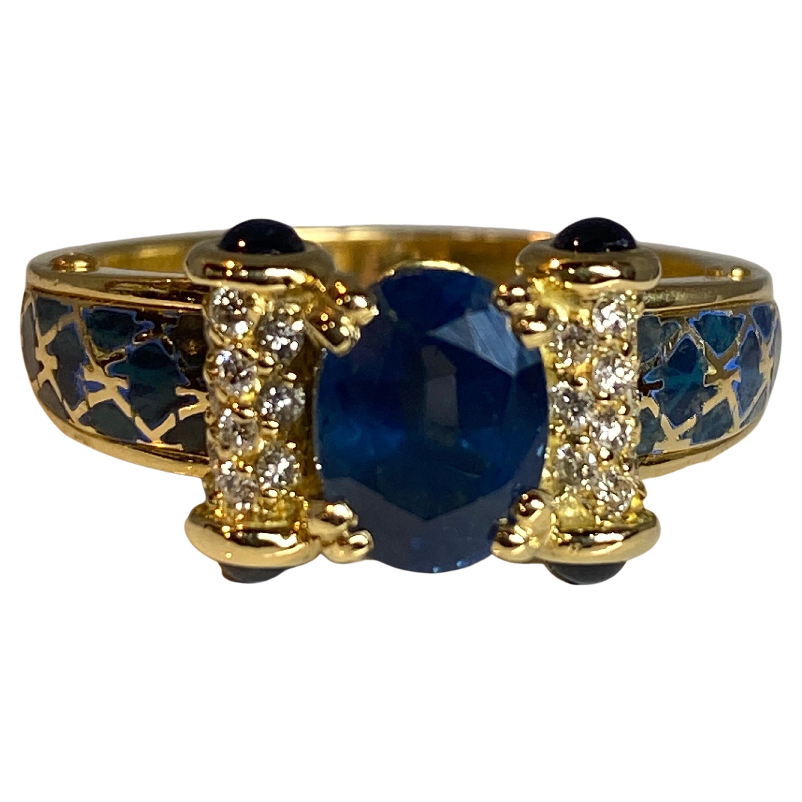 KORLOFF Ring aus 18 Karat Gold: Saphire, Diamanten, blaue Emaille im Angebot