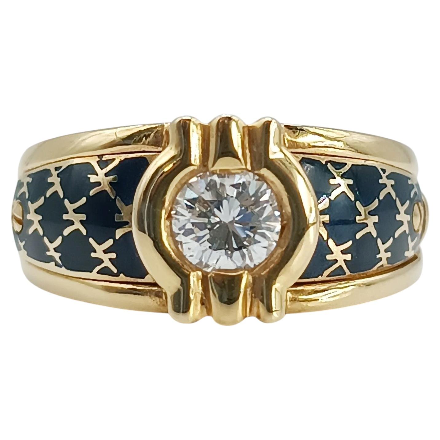Korloff Yellow Gold Diamond Ring with Blue Chinese Lacquer, France 1992 For Sale