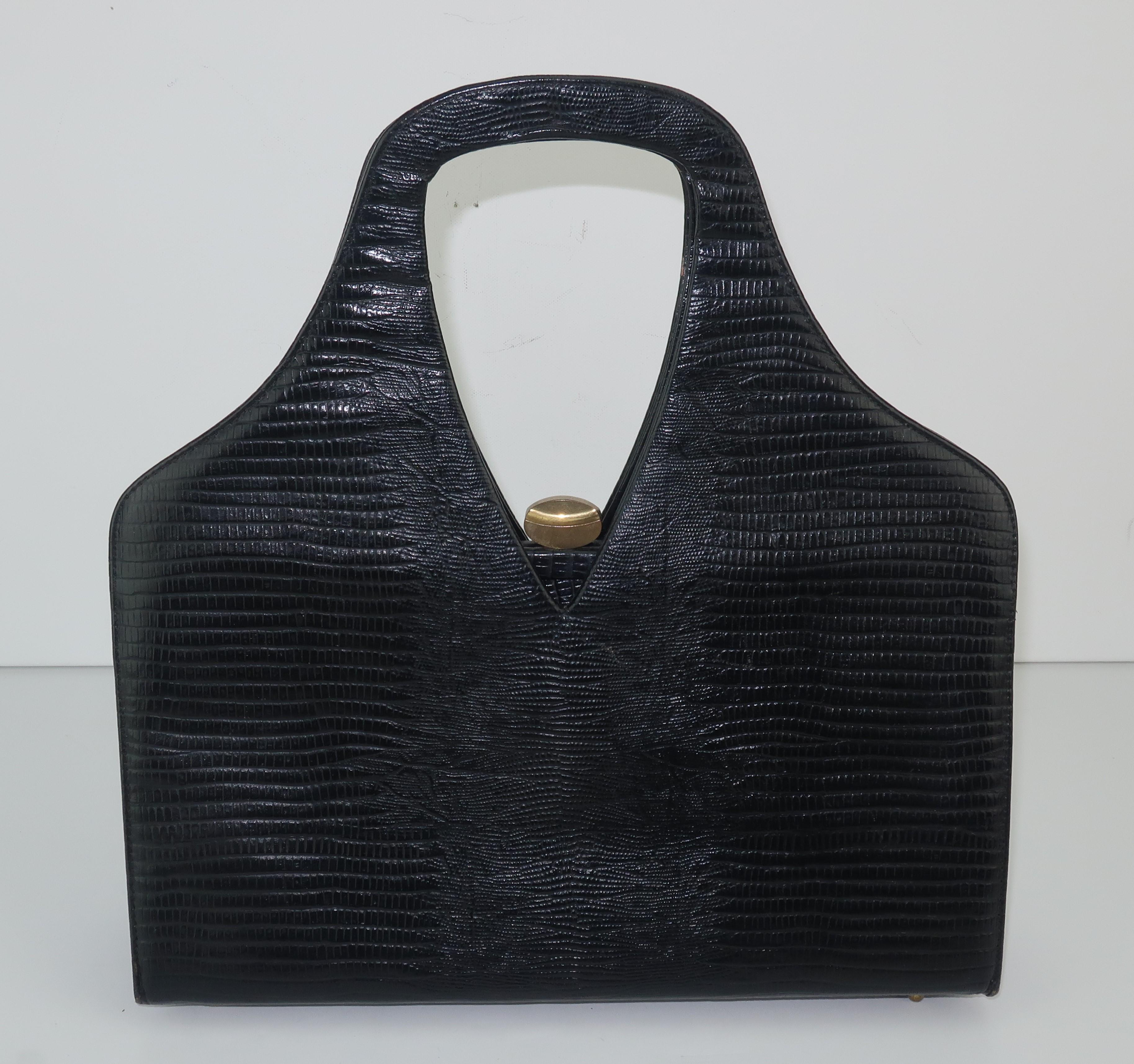 Koro Creation Black Lizard Skin Handbag, 1950's 1