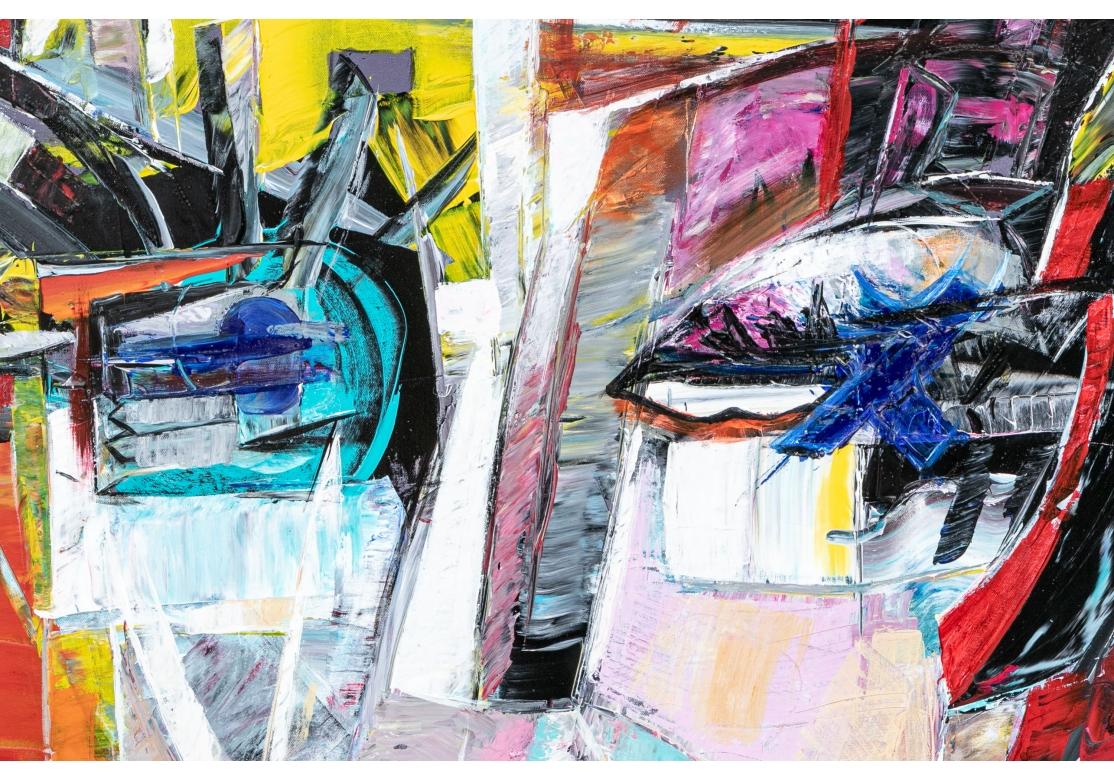 A large and very colorful painting in the Abstract Expressionist style. Signed and dated 2008 on verso. A large female face with long eyelashes and colorful makeup and bright red lips. The artist is know to reinterpret cubism in his figurative