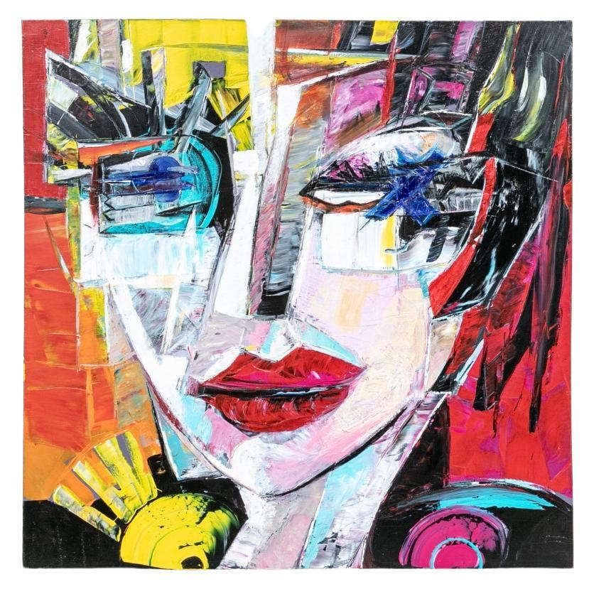 Koroush Namazi (Iranian, 20th-21st C.) Acrylic On Canvas, Cubist Style Face For Sale