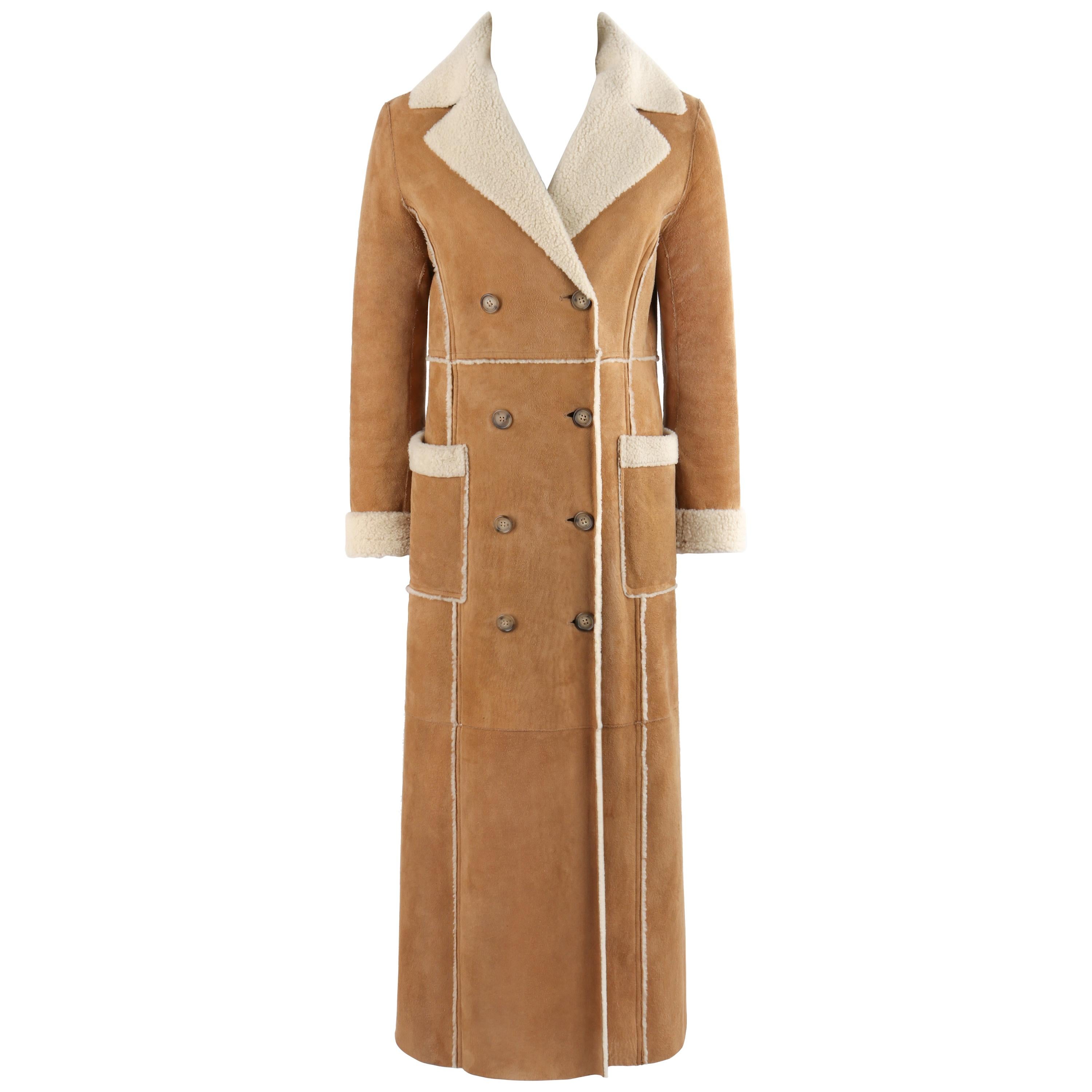 KORS by MICHAEL KORS Tan Suede Shearling Fur Double Breasted Full Length Coat