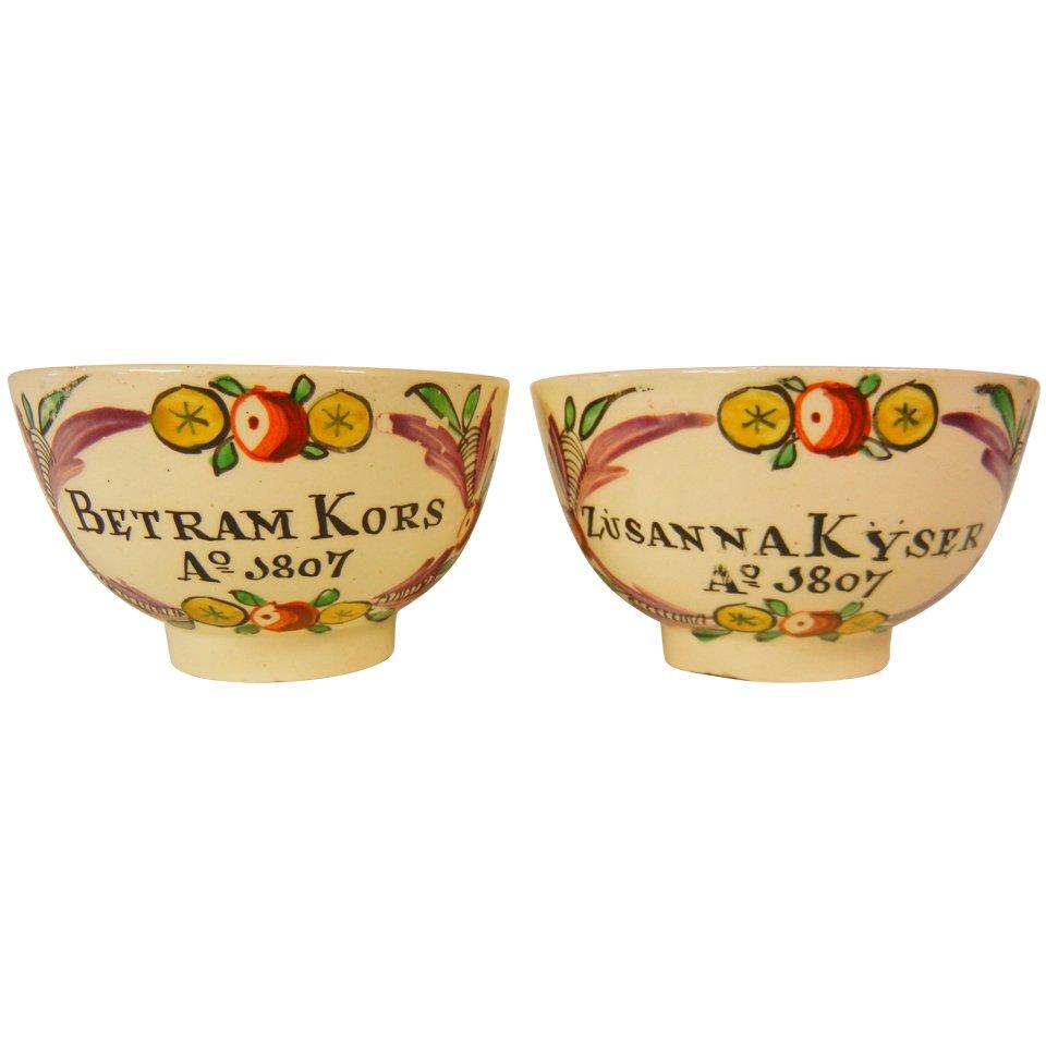 Kors - Kyser Betrothal Teabowls, Pennsylvania Dutch Market Creamware, 1807 For Sale