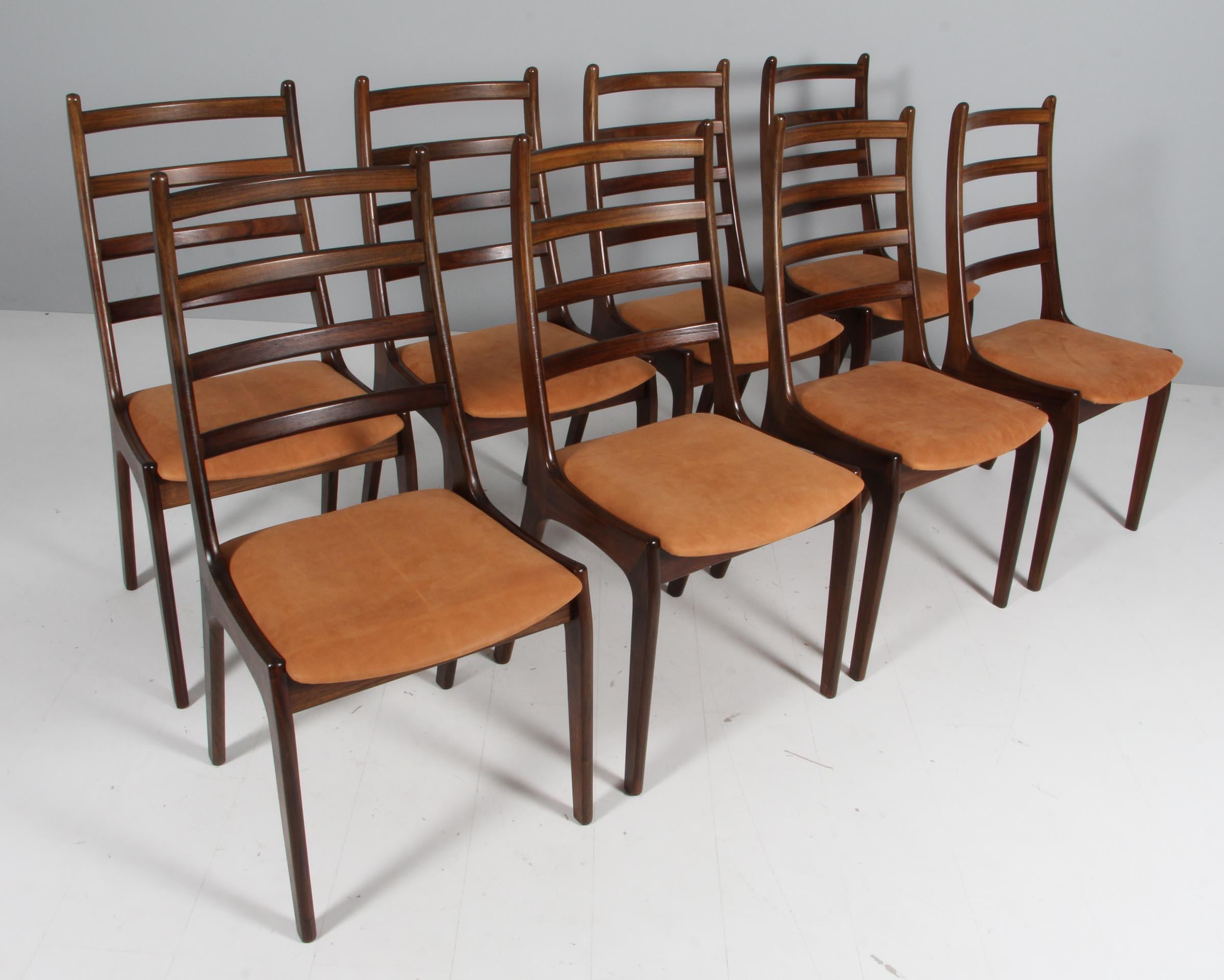 Korup Stolefabrik set of eight chairs of rosewood.

New upholstered with Dunes leather from Arne Sørensen.

Made by Korup Stolefabrik.
