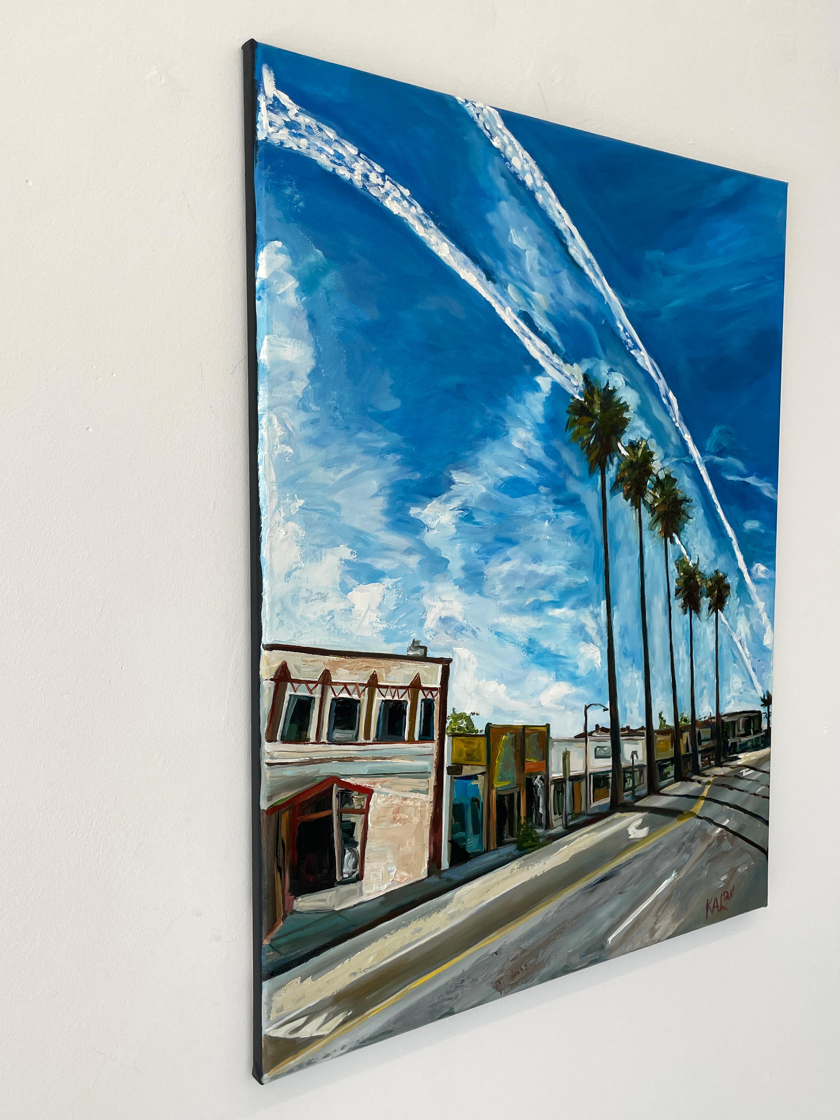Chemtrails Over Beverly Blvd- acrylic and oil on canvas - Blue Figurative Painting by Kory Alexander