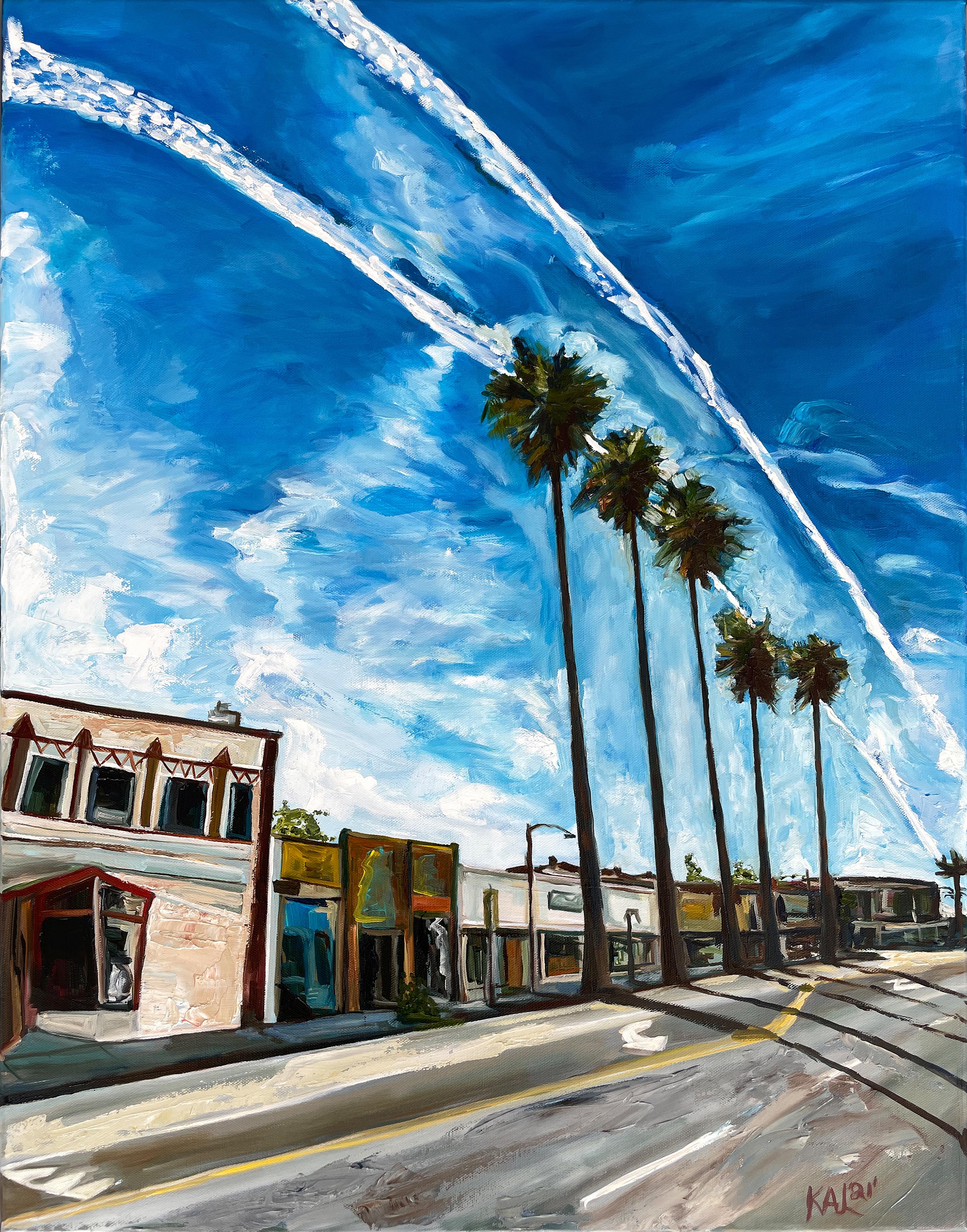 Kory Alexander Figurative Painting - Chemtrails Over Beverly Blvd- acrylic and oil on canvas
