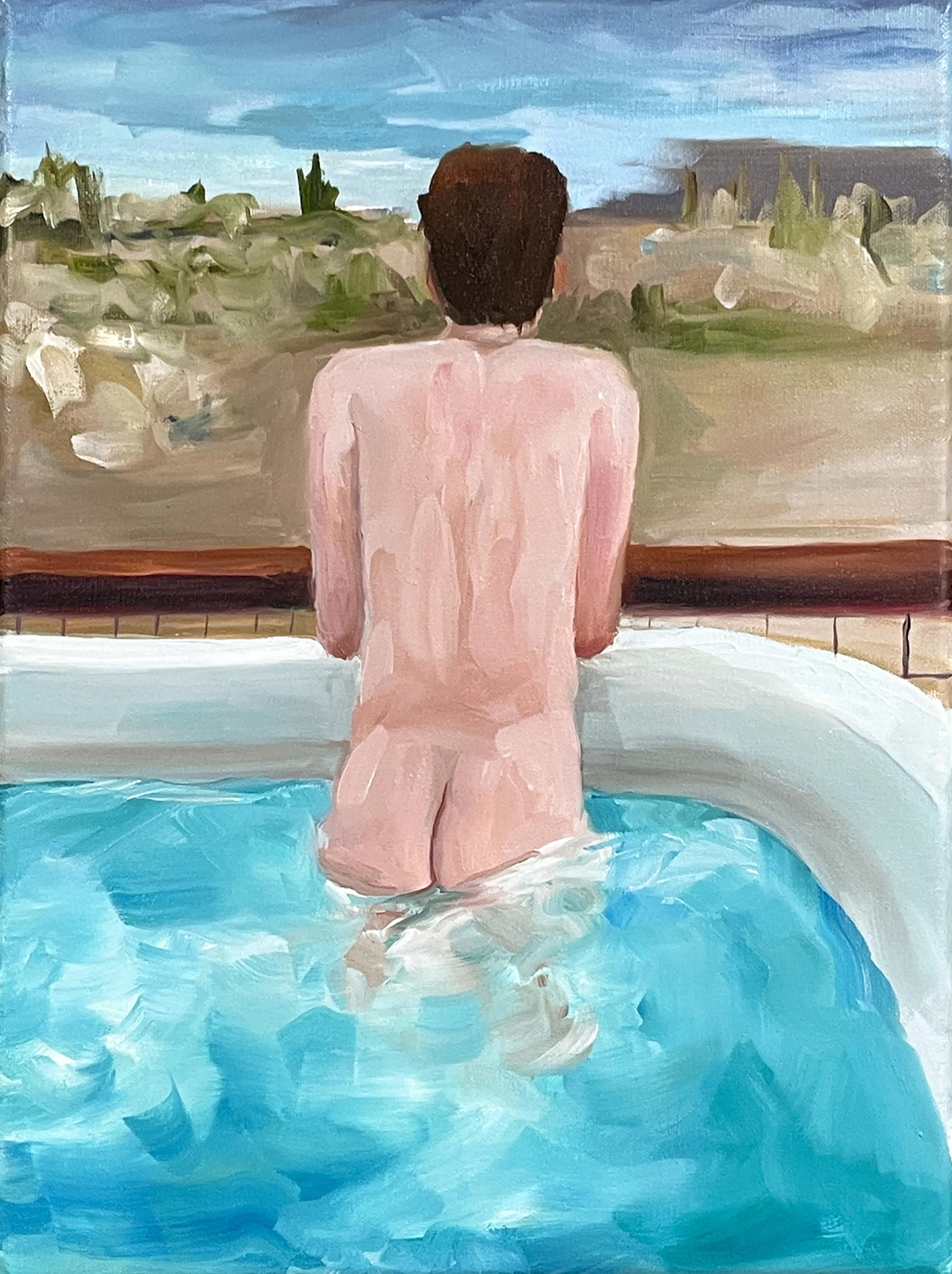 Kory Alexander Figurative Painting - “Hot Tub During a Cold Dawn”- oil on linen, framed