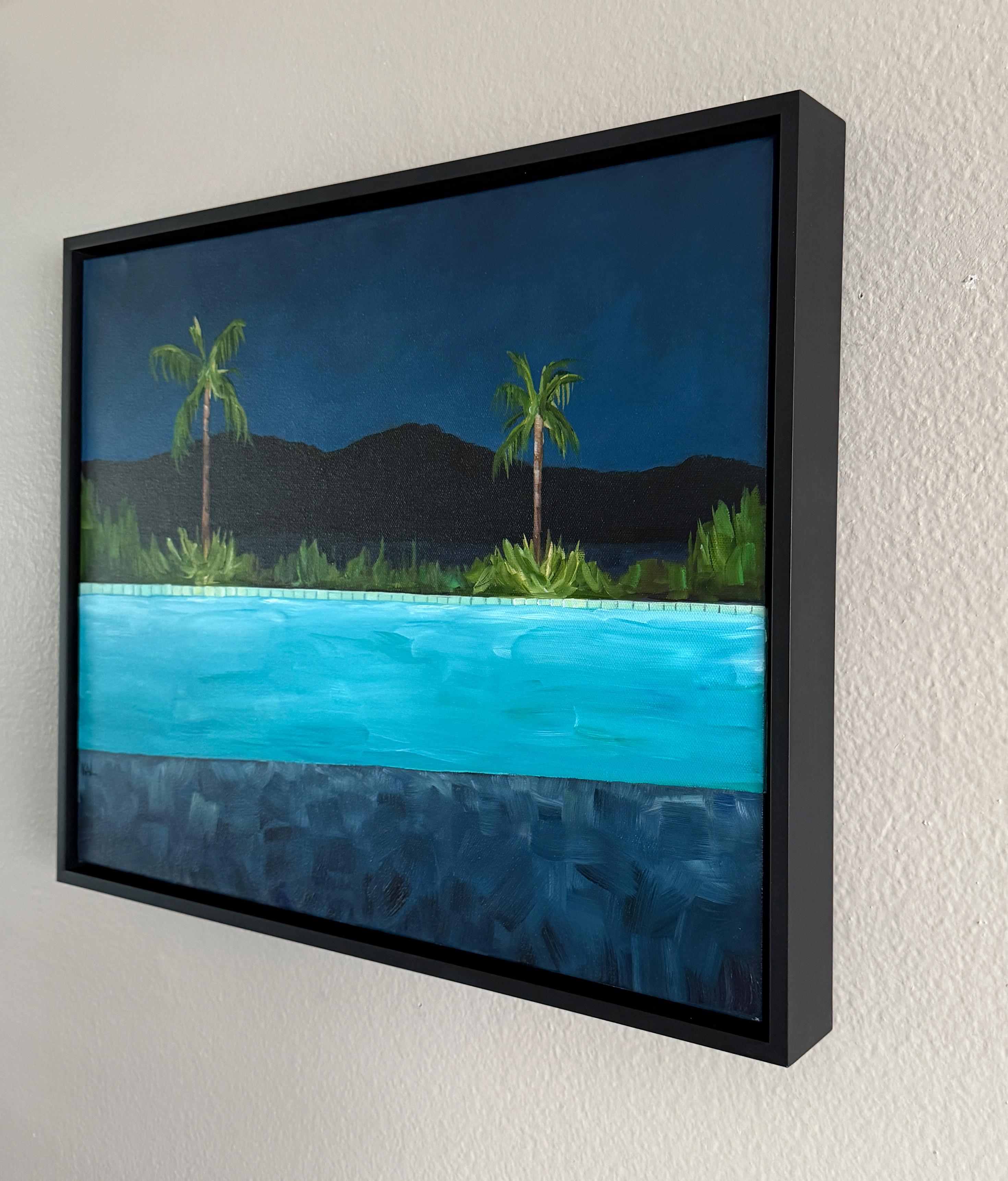 Night Pool - oil on canvas, framed - Blue Figurative Painting by Kory Alexander