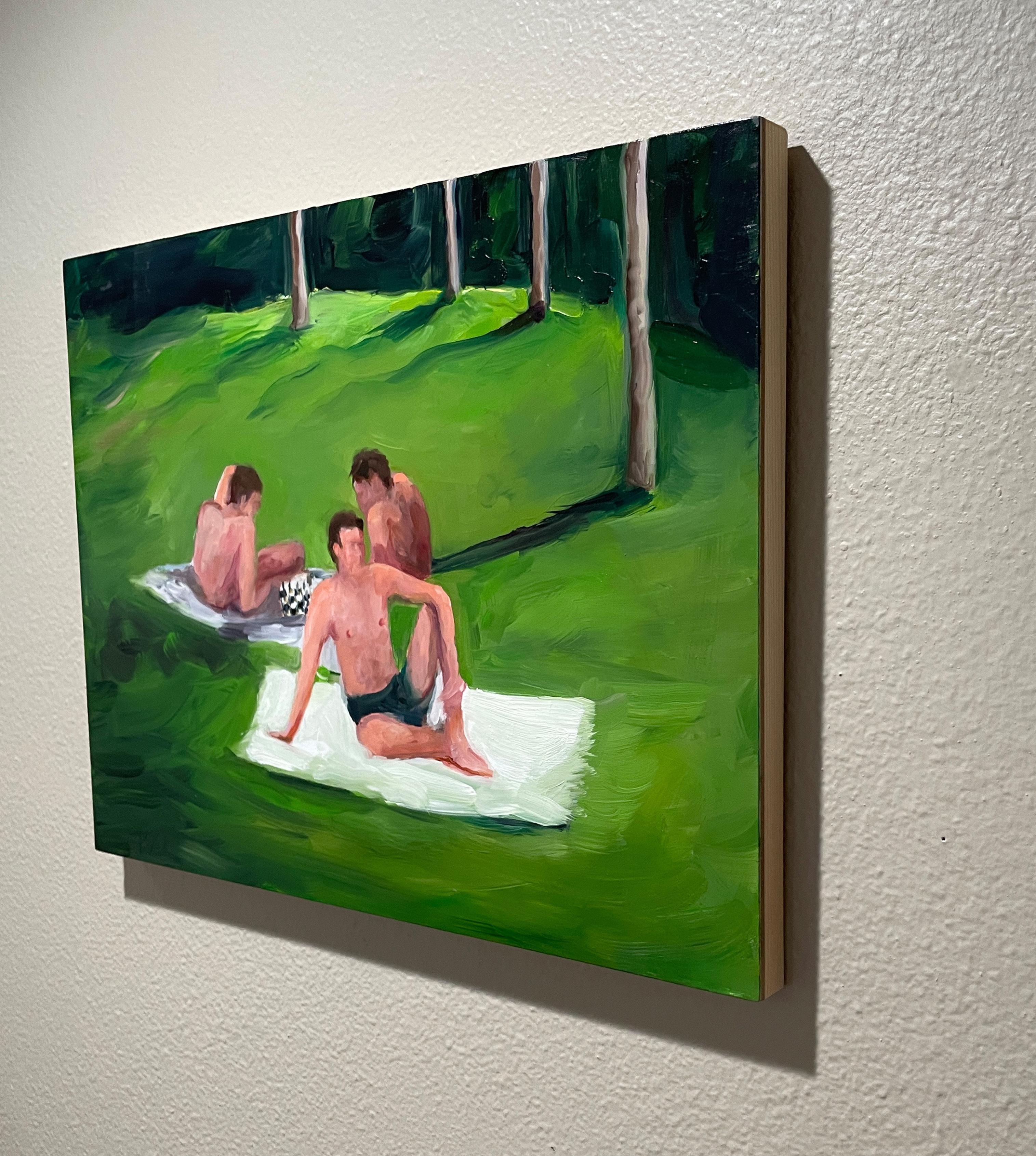 Una domenica d'estate - olio su tavola - Figurative Painting Verde di Kory Alexander