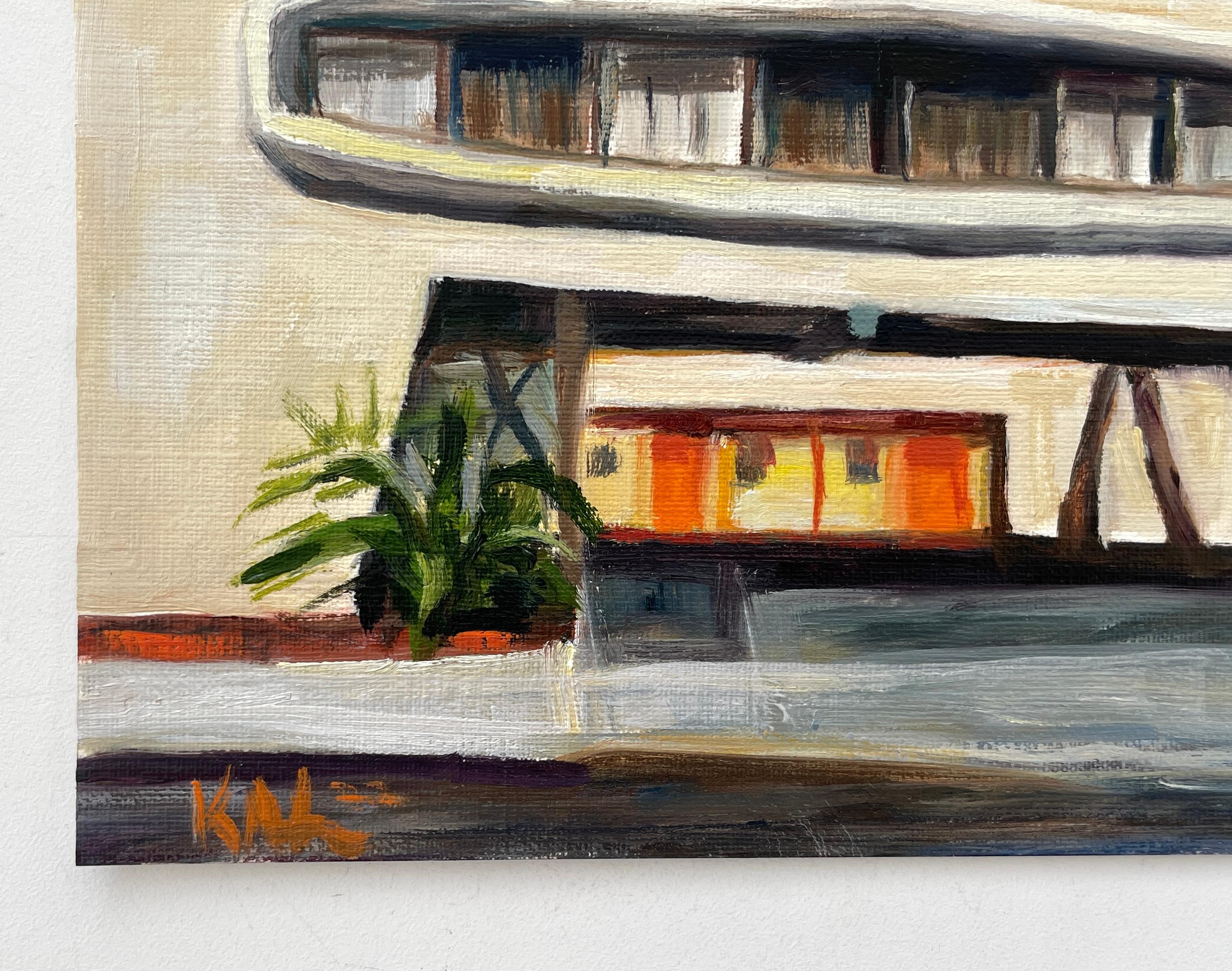 Palm Springs Hotel No.6- oil on paper - Blue Figurative Painting by Kory Alexander