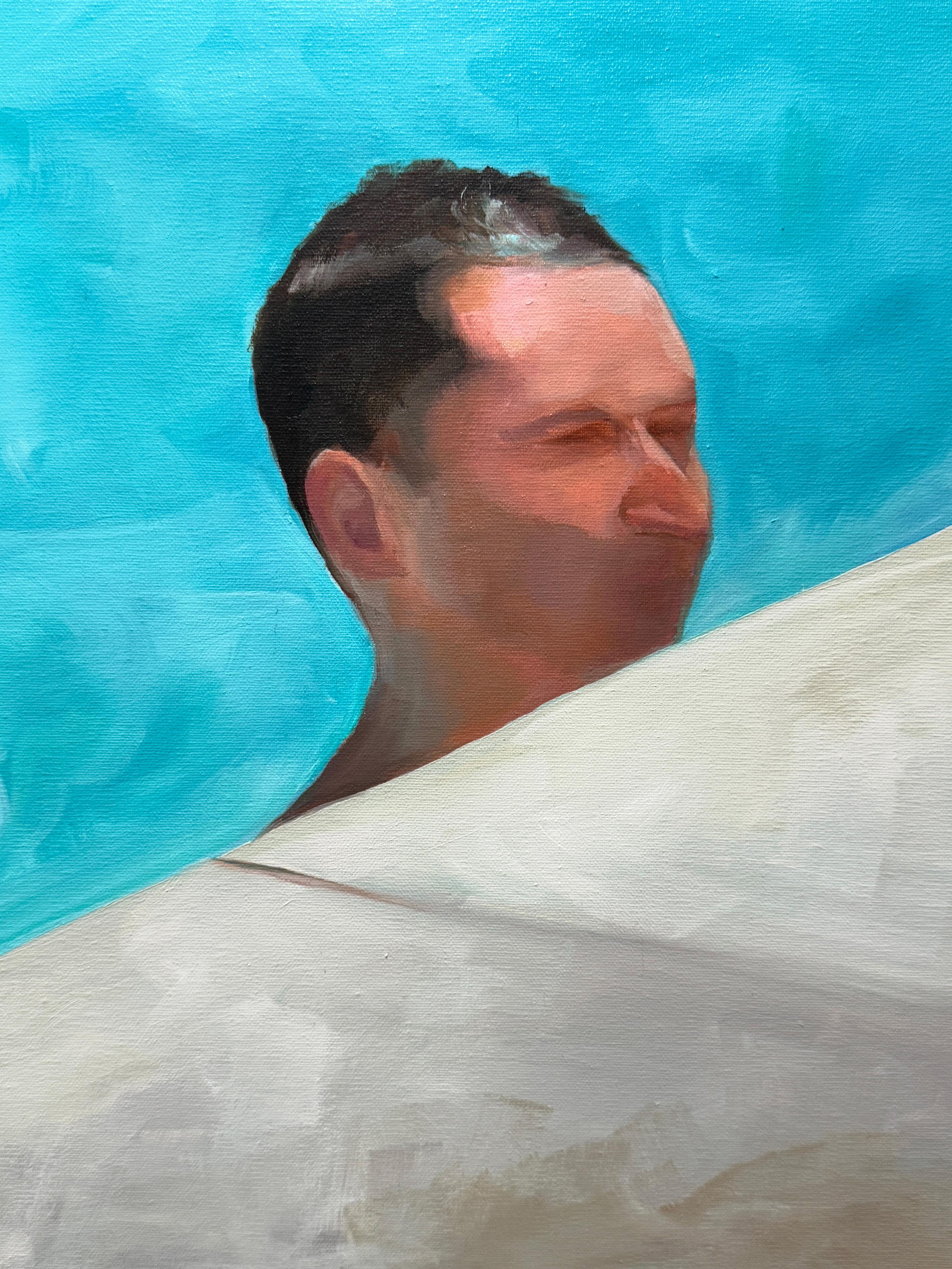 “Peering”- oil on linen - Blue Figurative Painting by Kory Alexander