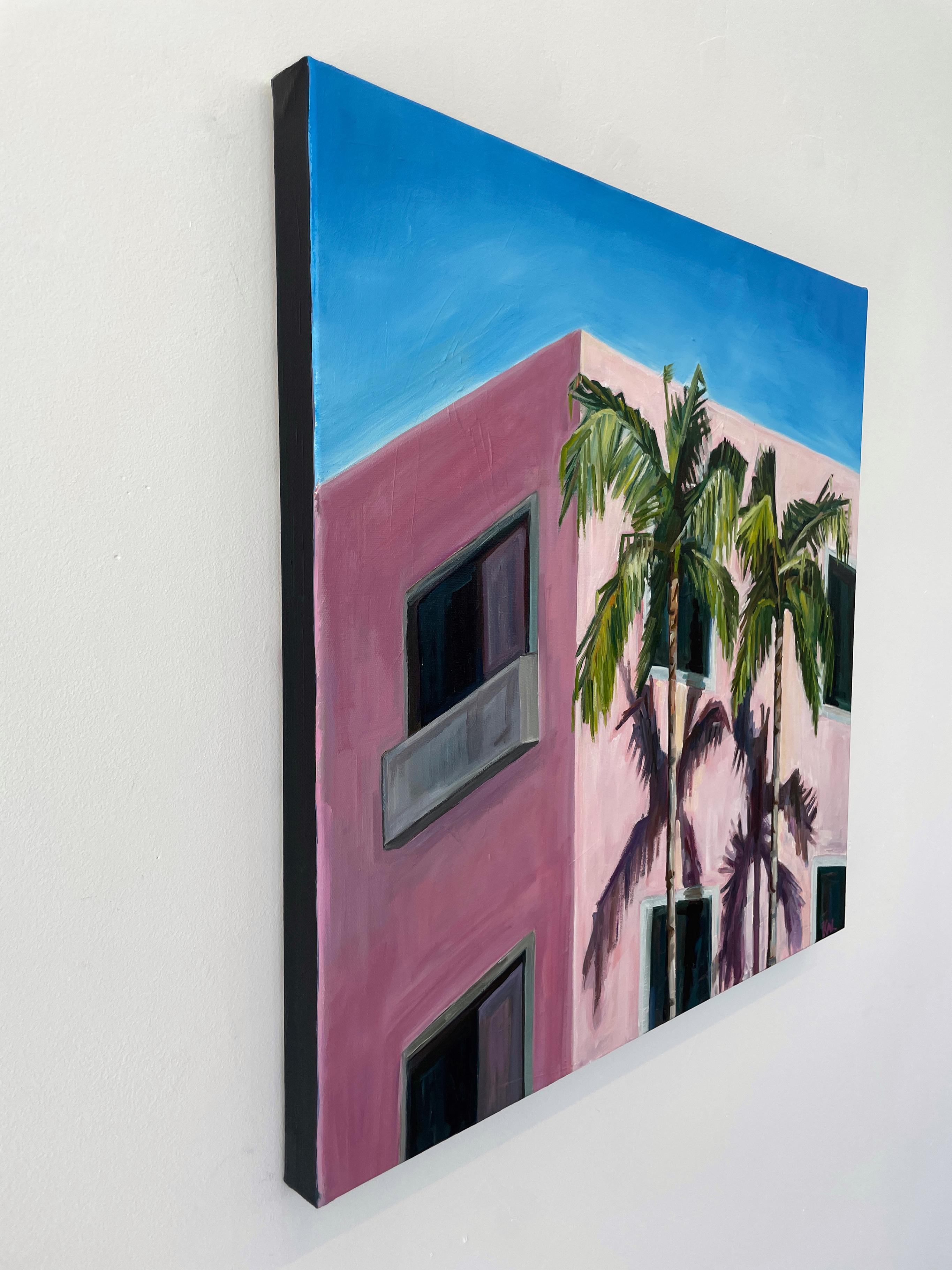 Two Palms of Santa Monica Blvd.- oil on canvas - Blue Figurative Painting by Kory Alexander