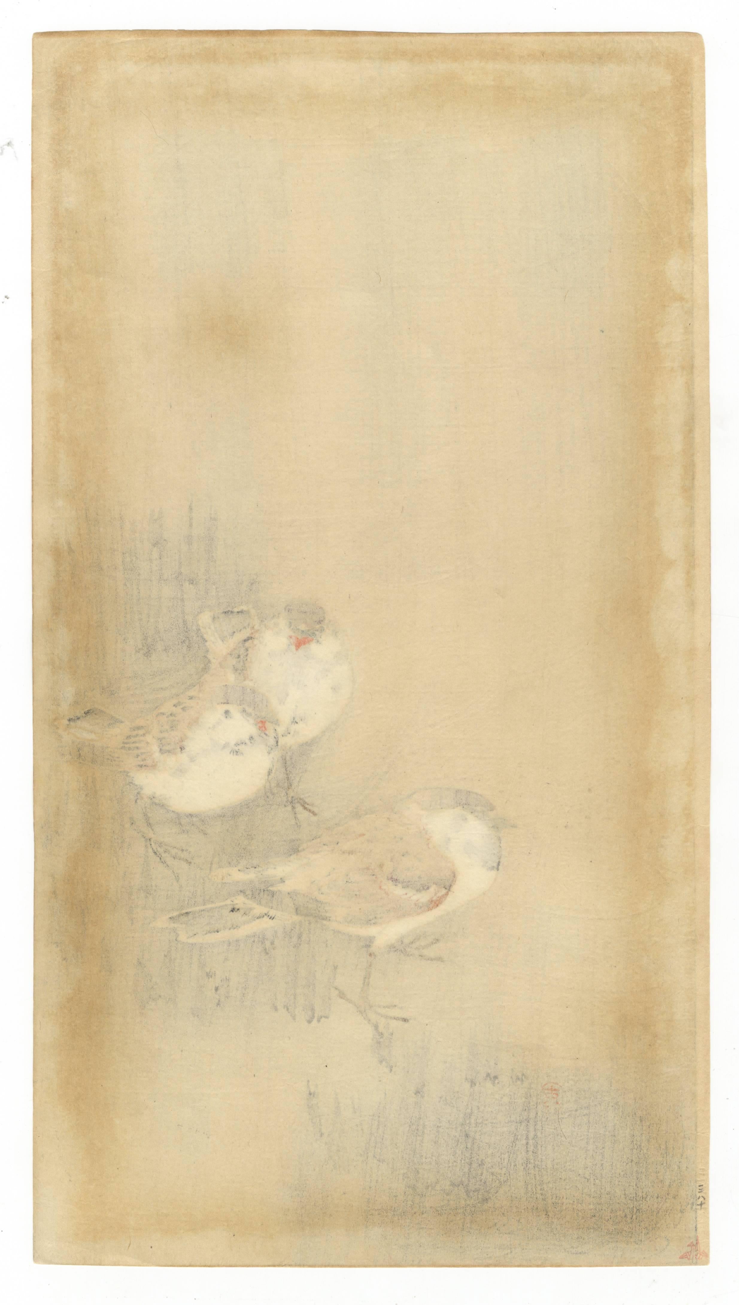 Artist: Koson Ohara (1877-1945)
Title: Three Sparrows in a Rain Shower
Published: 1900-1945

Ohara Koson was one of great print makers of the twentieth century, best known for his kacho-e, prints of flowers and birds.

Koson's prints after