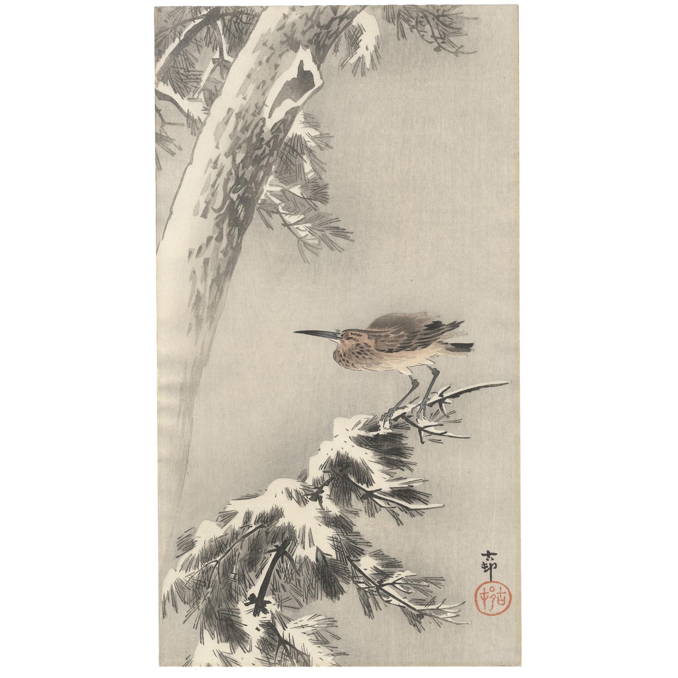 Koson, Original Japanese Woodblock Print, Traditional Japanese Art, Heron, Snow