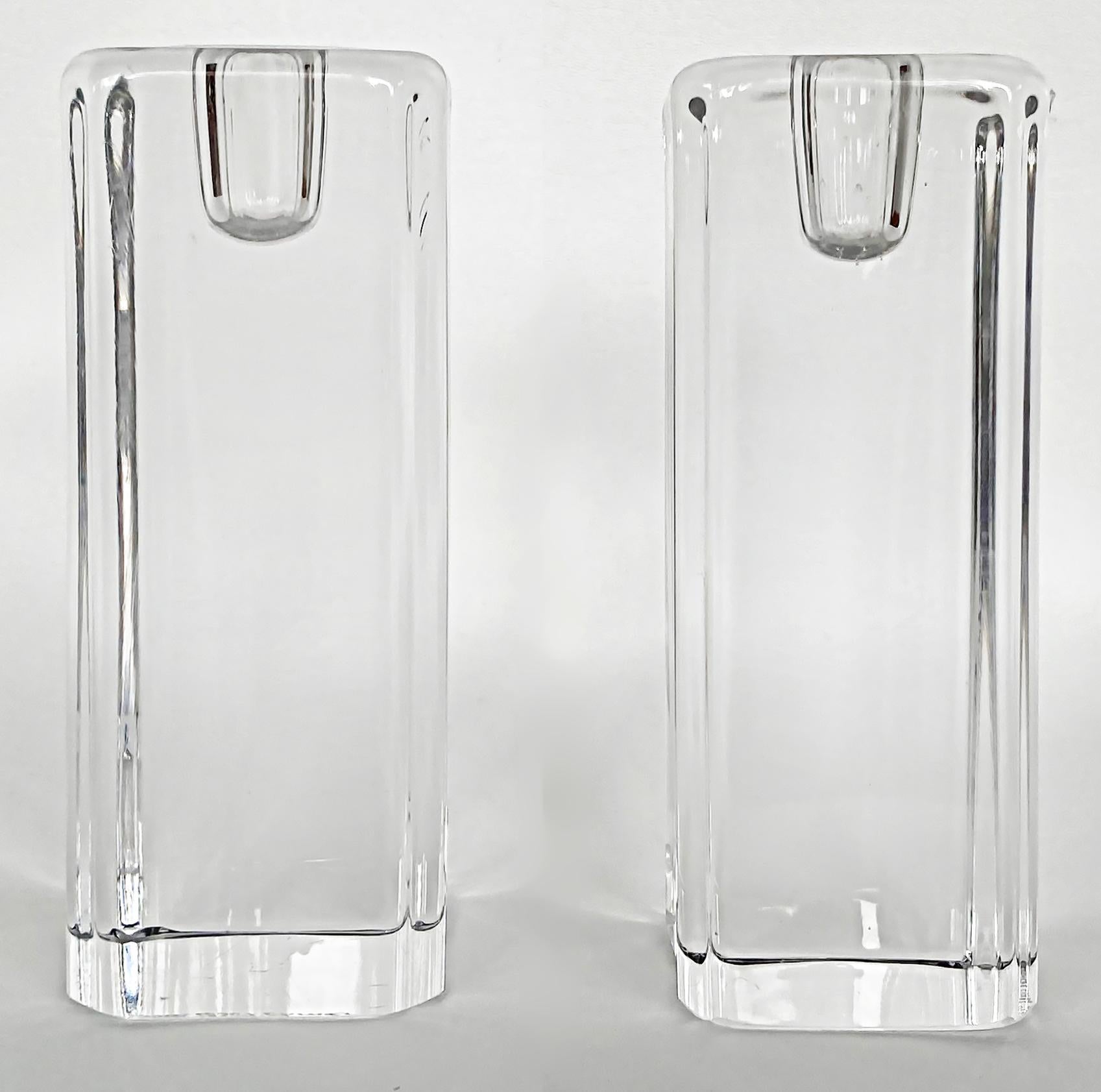 Swedish Kosta Boda Anna Ehrner Tall Crystal Candle Holders, Pair For Sale