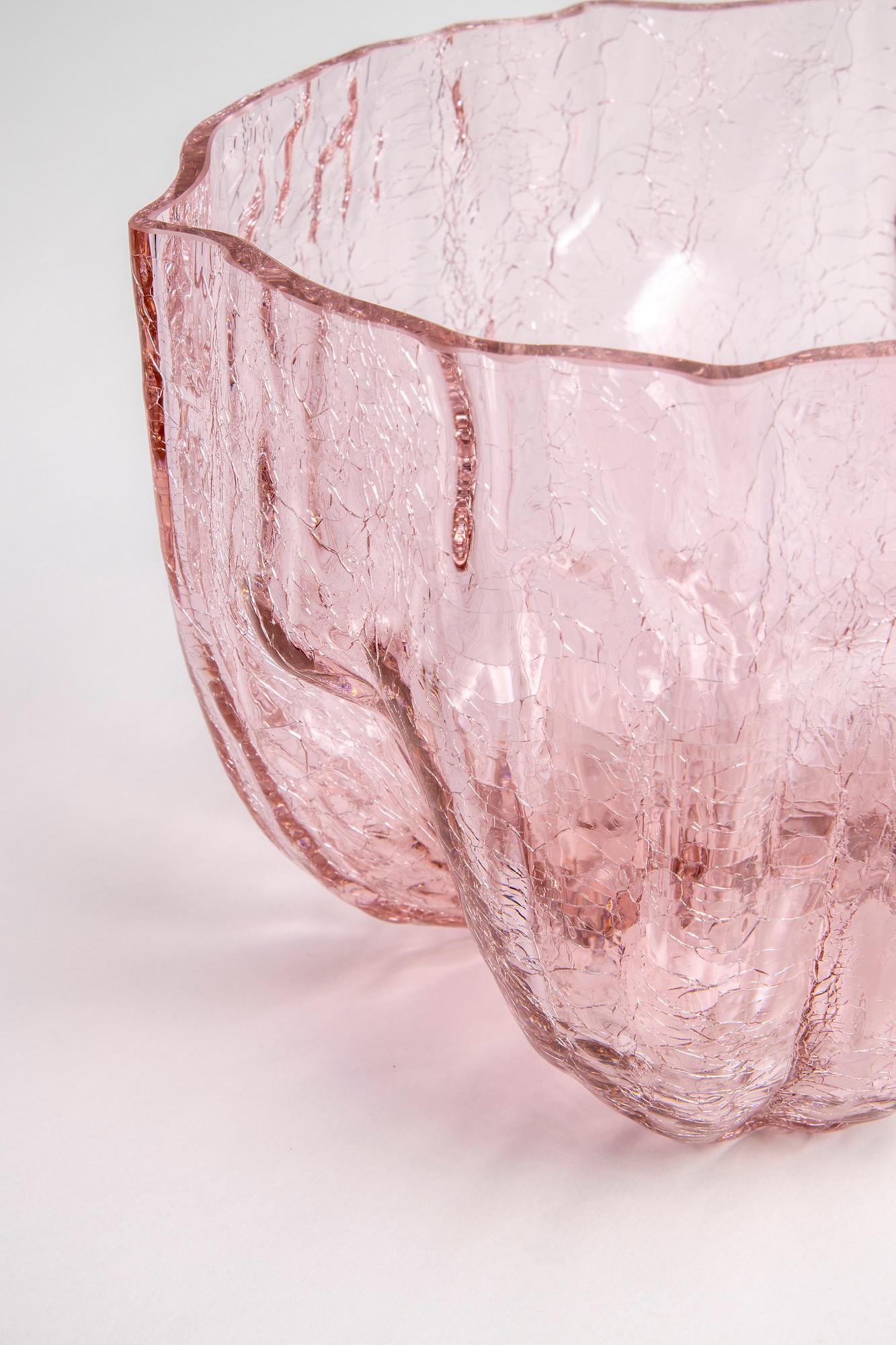 Hand-Crafted Kosta Boda Crackle Pink Vase Low For Sale