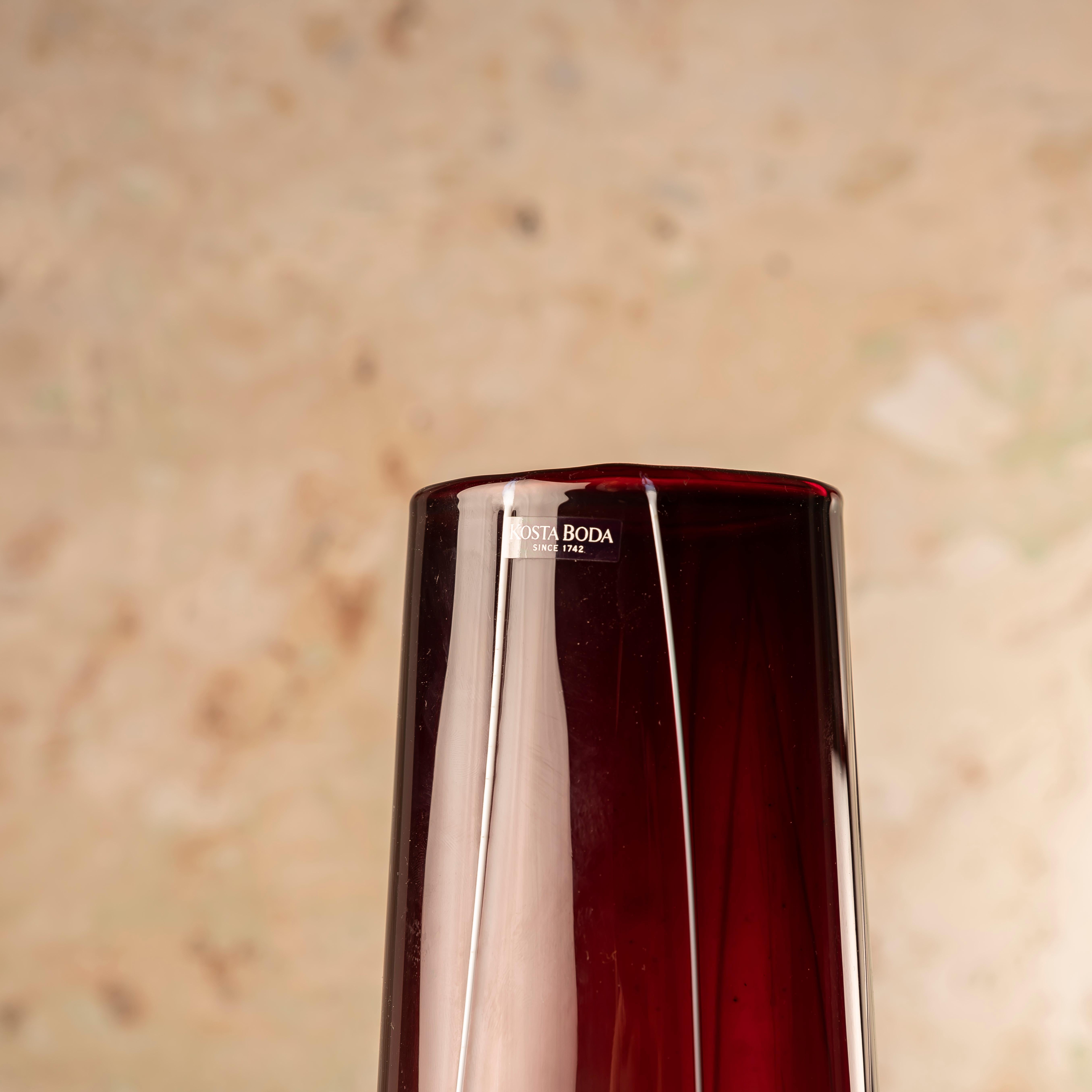 Post-Modern Kosta Boda Granate Glass Vase by Anna Ehrner with White Thread Decorations For Sale