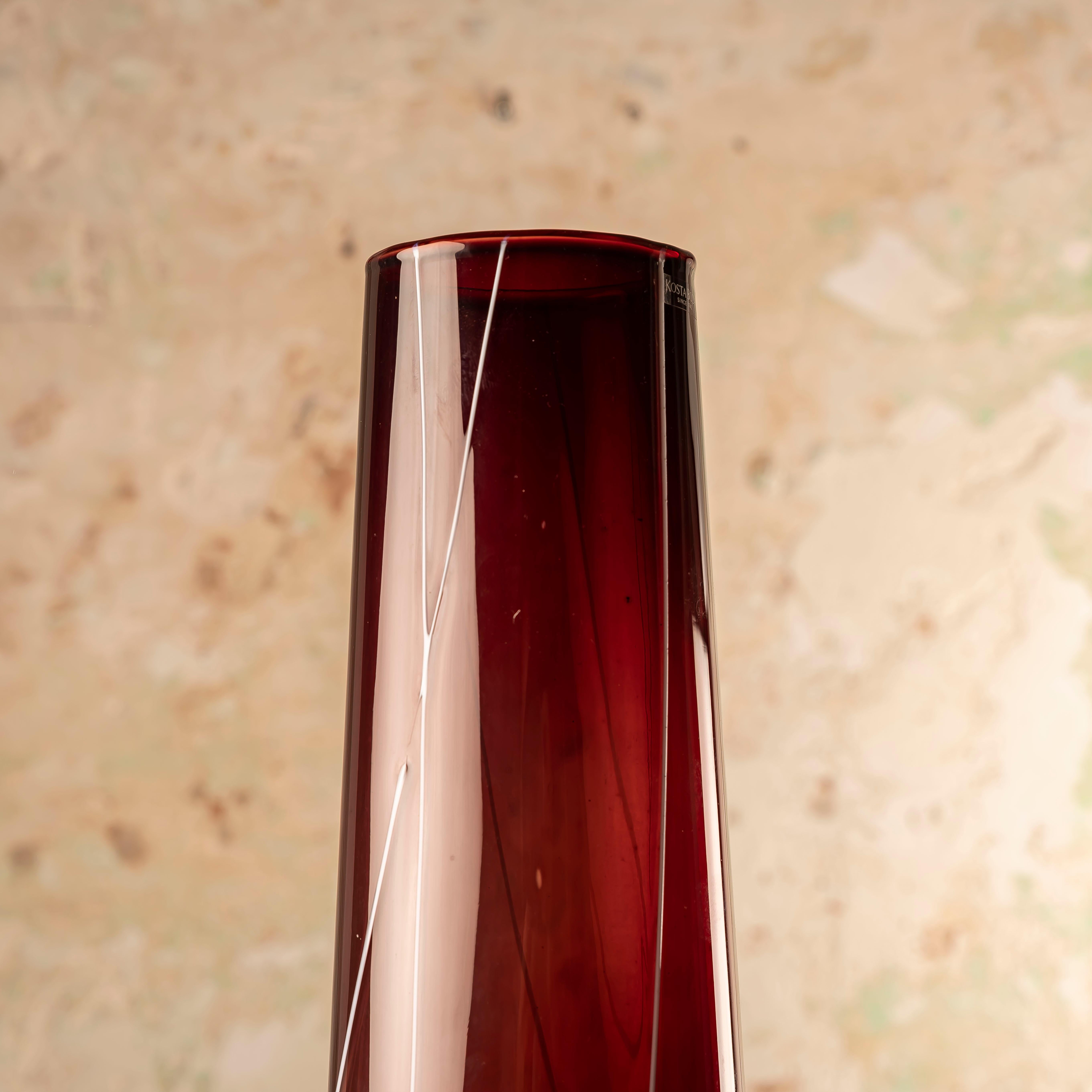 Art Glass Kosta Boda Granate Glass Vase by Anna Ehrner with White Thread Decorations For Sale