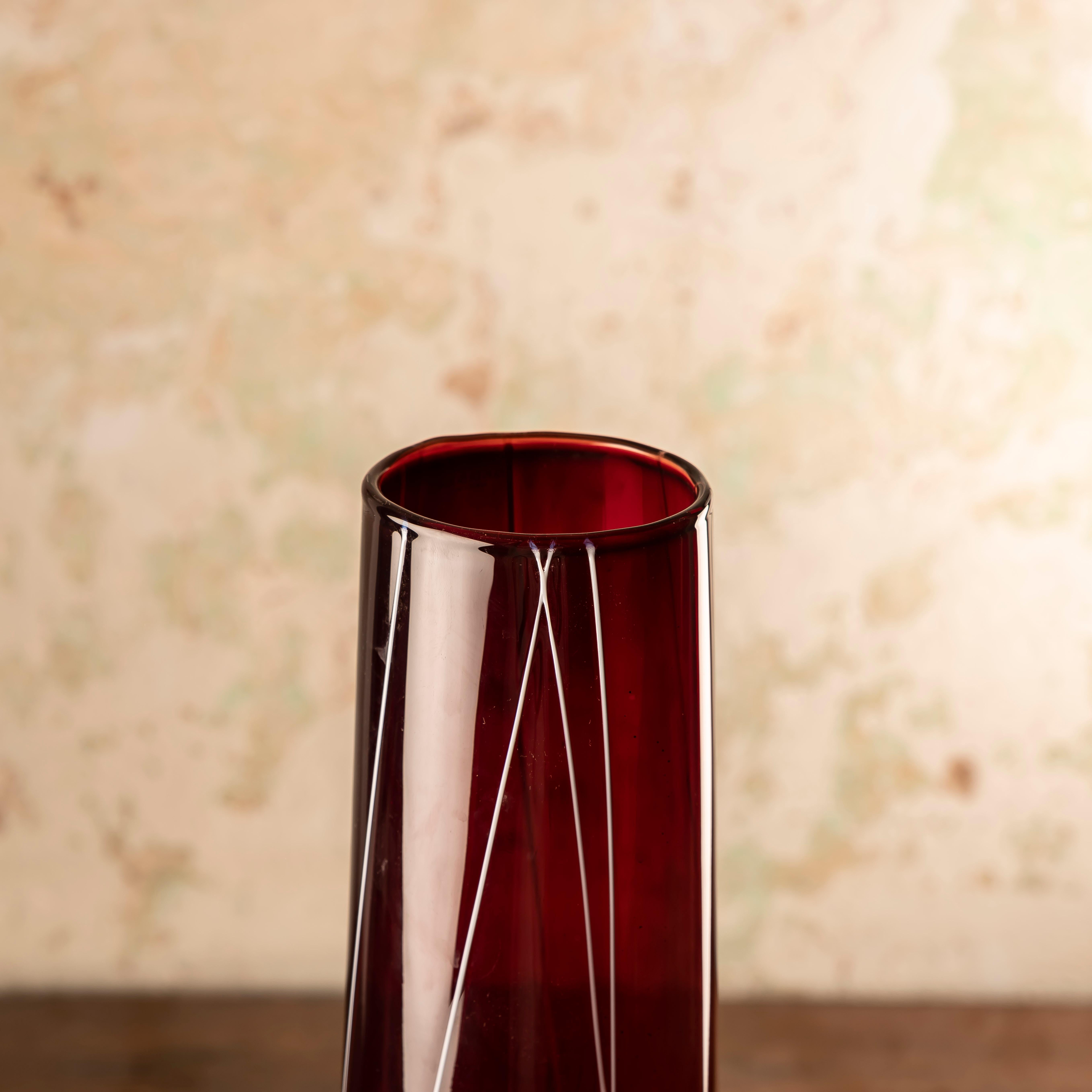 Kosta Boda Granate Glass Vase by Anna Ehrner with White Thread Decorations For Sale 1