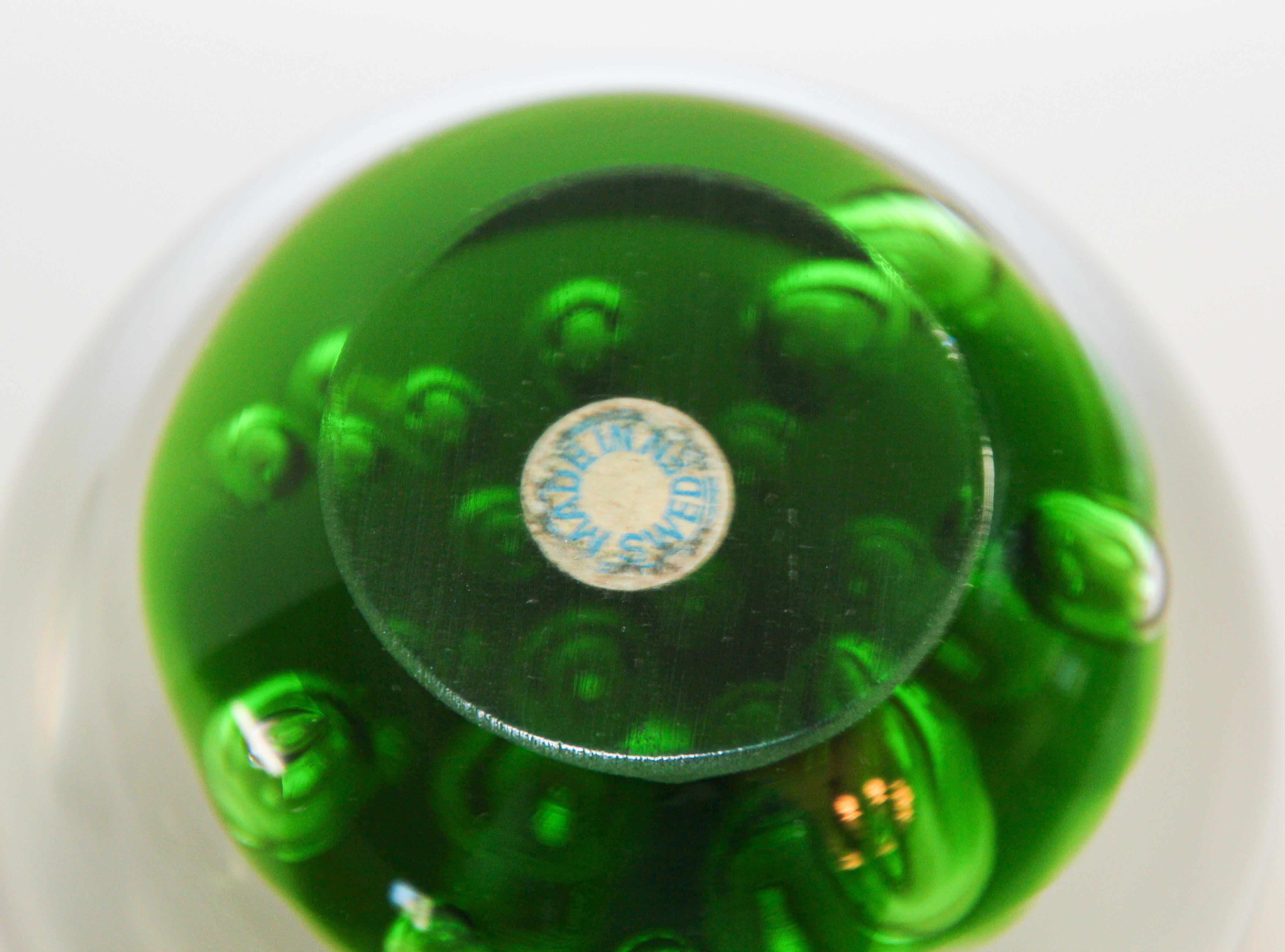 Modern Kosta Boda Green and Clear Art Glass Collectable Paperweight For Sale