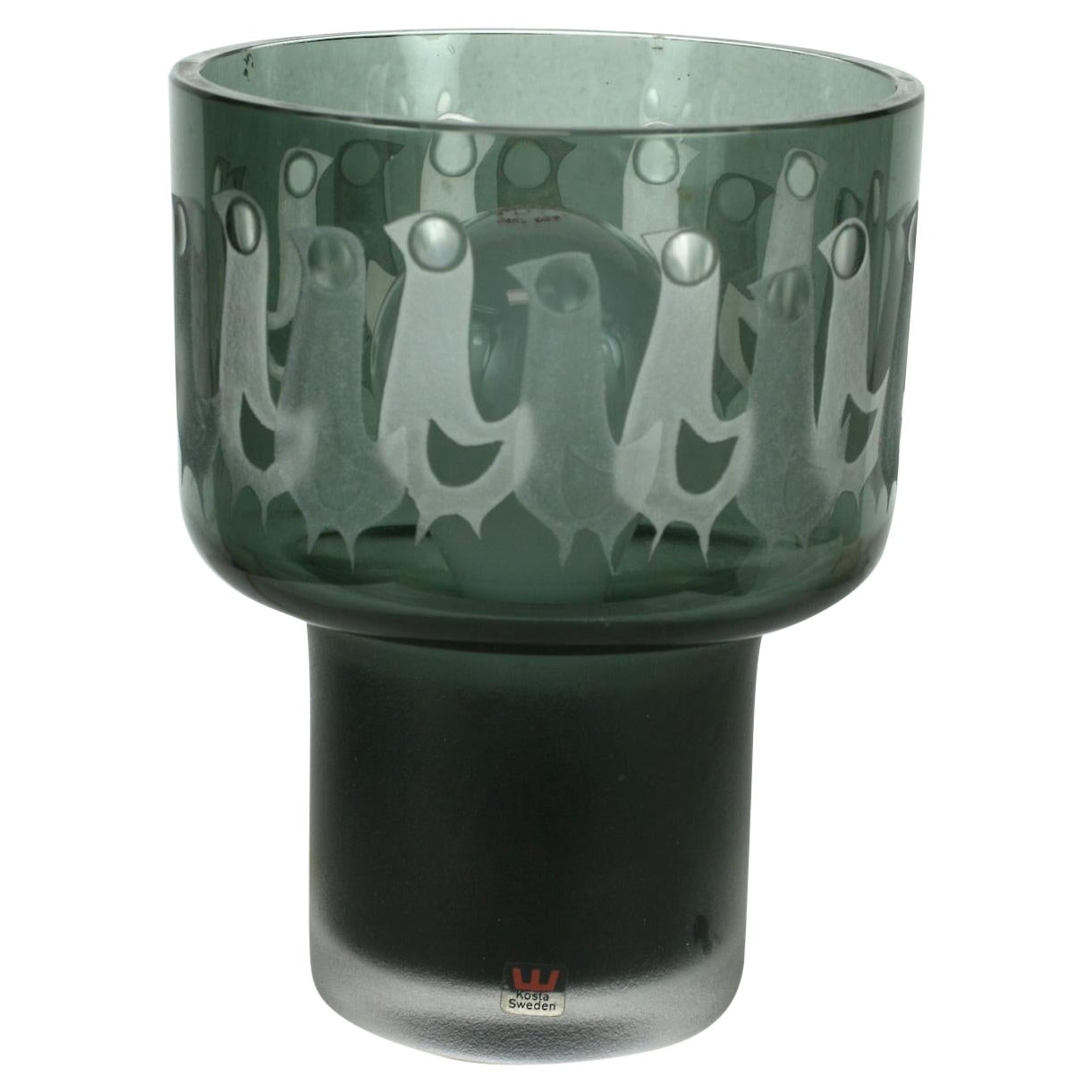 Kosta Boda, geätzte Vogellampe aus grauem Glas, von Ove Sandeberg im Angebot