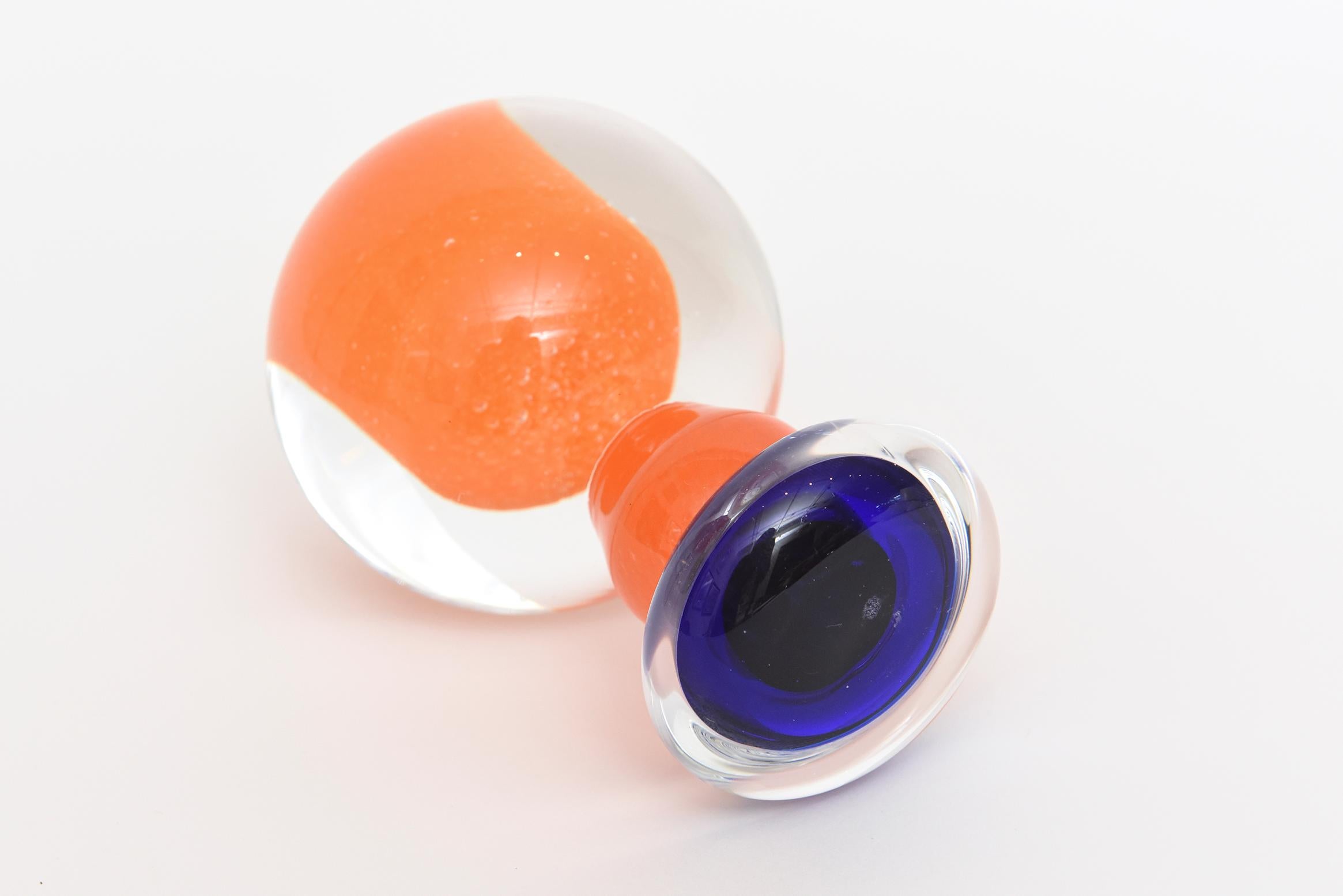Kosta Boda Orange and Cobalt Blue Glass Paperweight Sculpture Desk Accessory 4