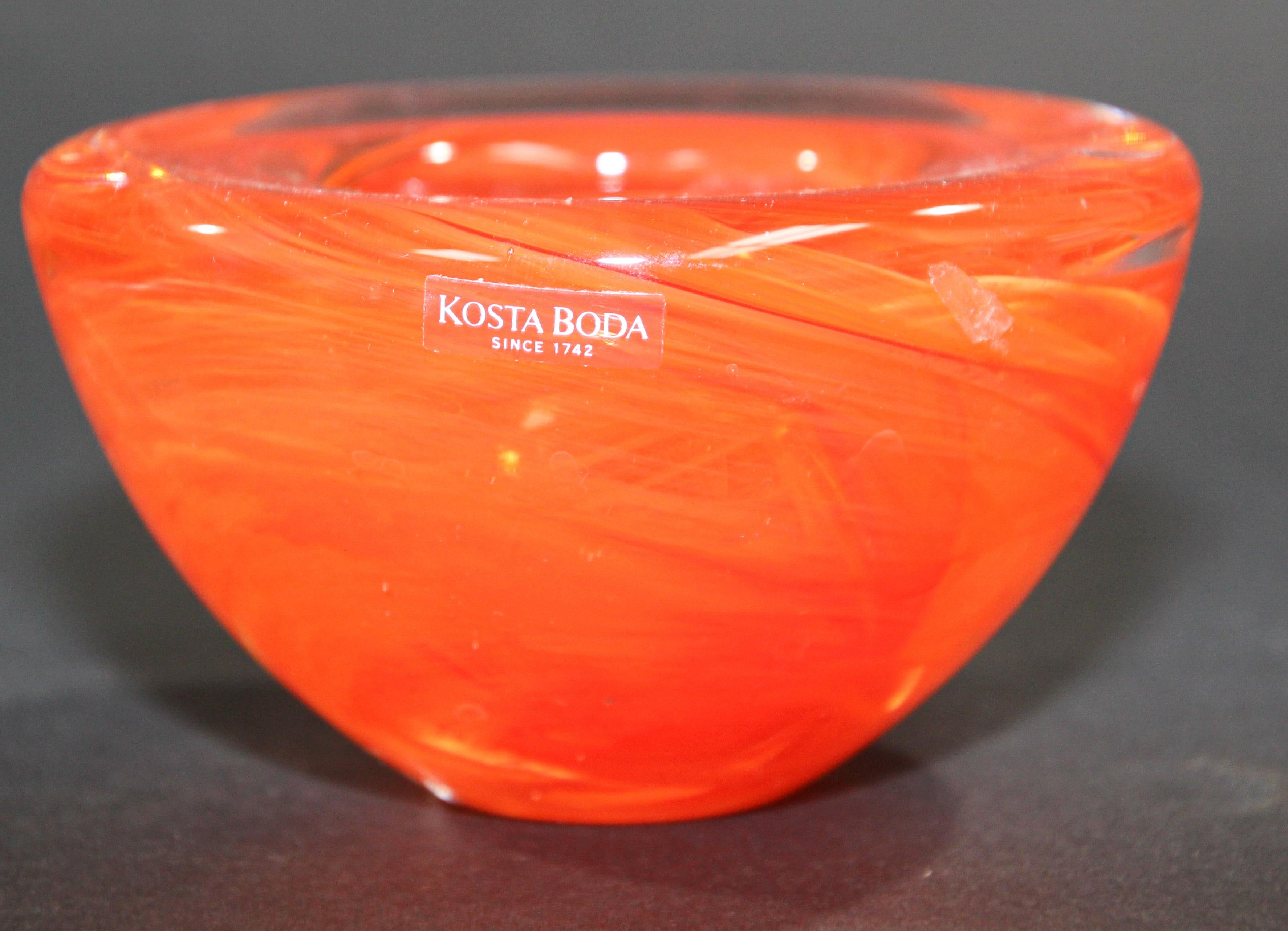 Swedish Kosta Boda Orange Crystal Candle Holder by Anna Ehrner, 1990's