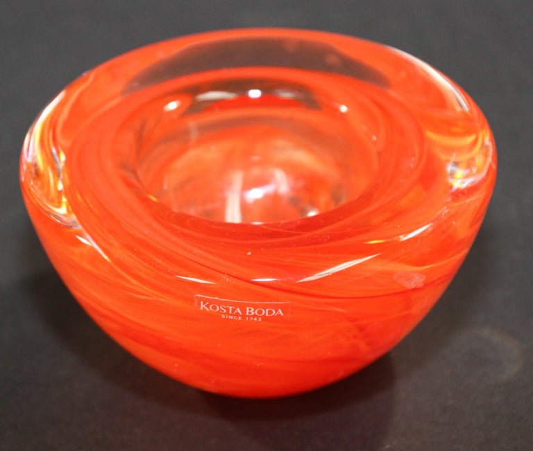 Kosta Boda Orange Crystal Candle Holder by Anna Ehrner, 1990's at