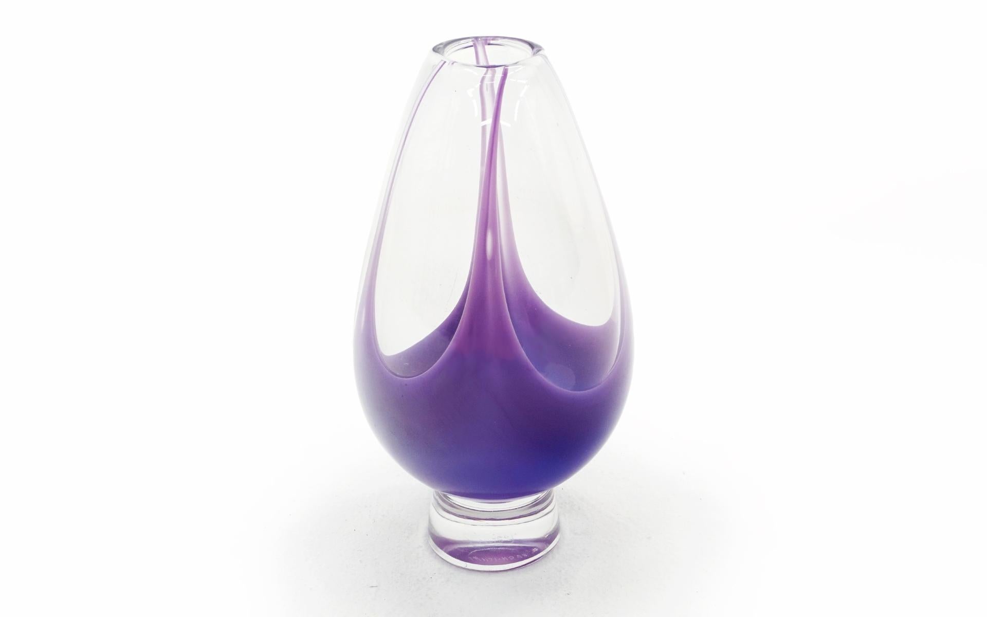 Purple and clear art glass vase by Vicke Lindstand for Kosta Boda, Sweden, 1950s. No cracks, chips or repairs. Might be light scratches to the bottom. Marked and numbered on the underside.
