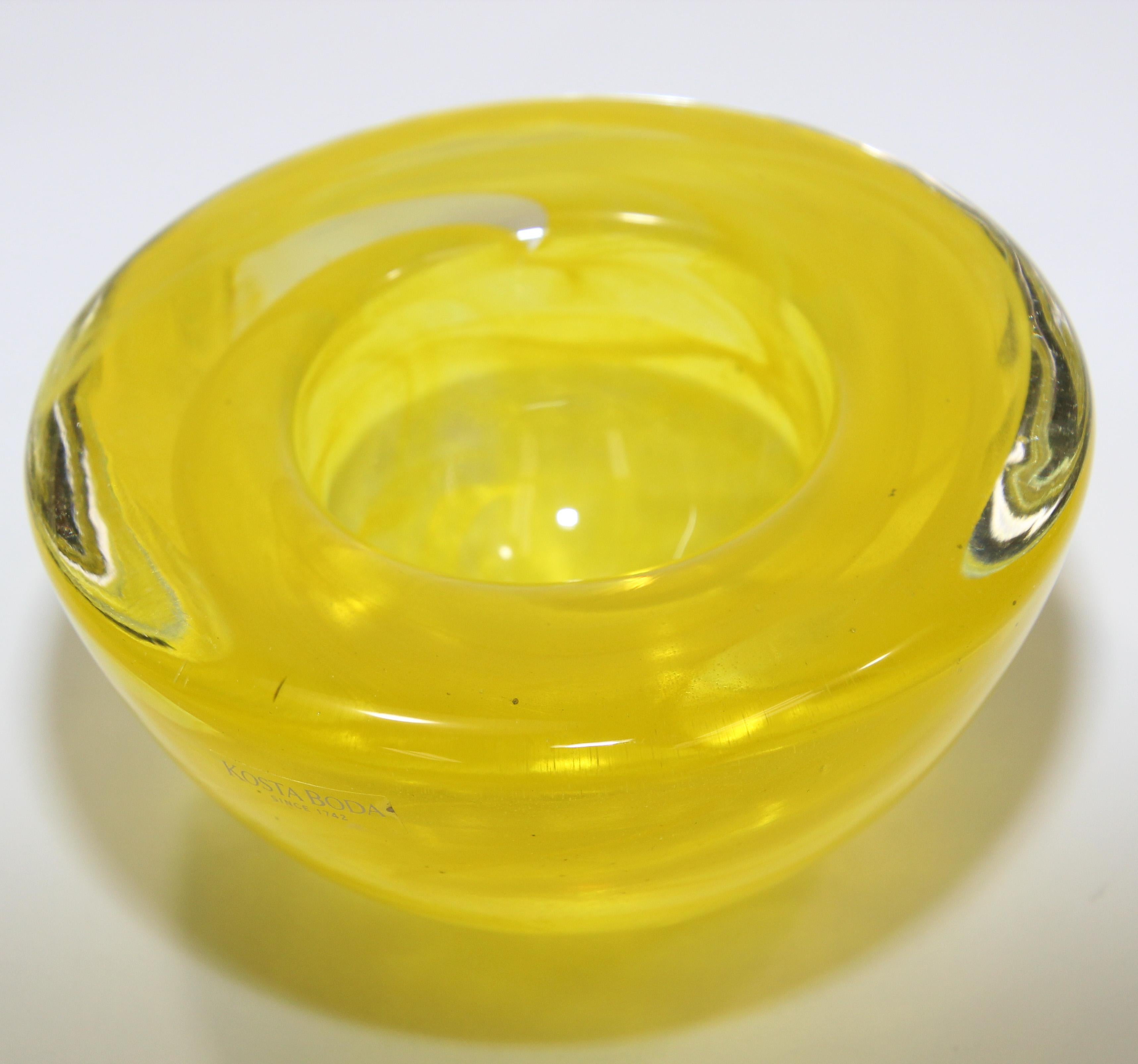 Blown Glass Kosta Boda Yellow Crystal Candle Holder by Anna Ehrner, 1990's For Sale