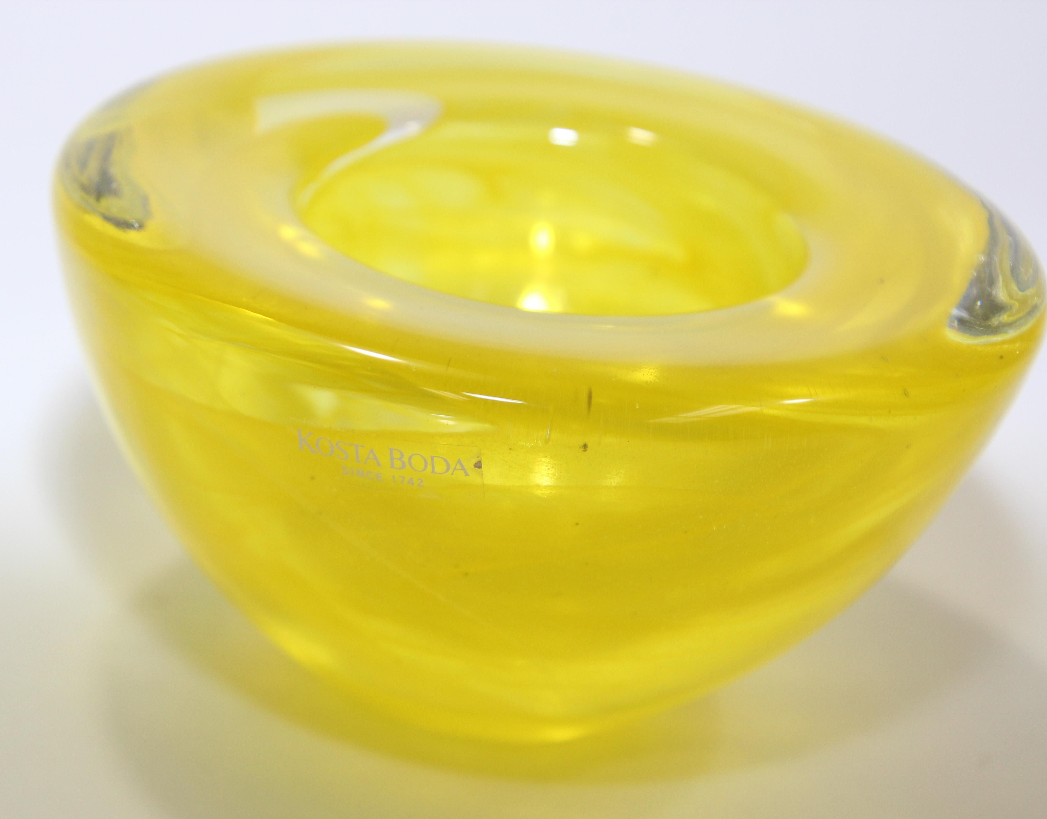 Kosta Boda Yellow Crystal Candle Holder by Anna Ehrner, 1990's In Good Condition For Sale In North Hollywood, CA